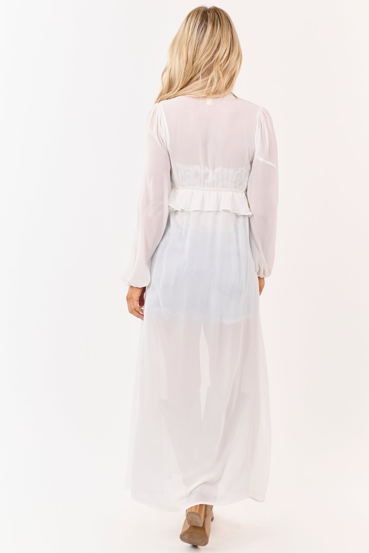 Ivory Front Tie Side Cut Out Sheer Duster Cardigan