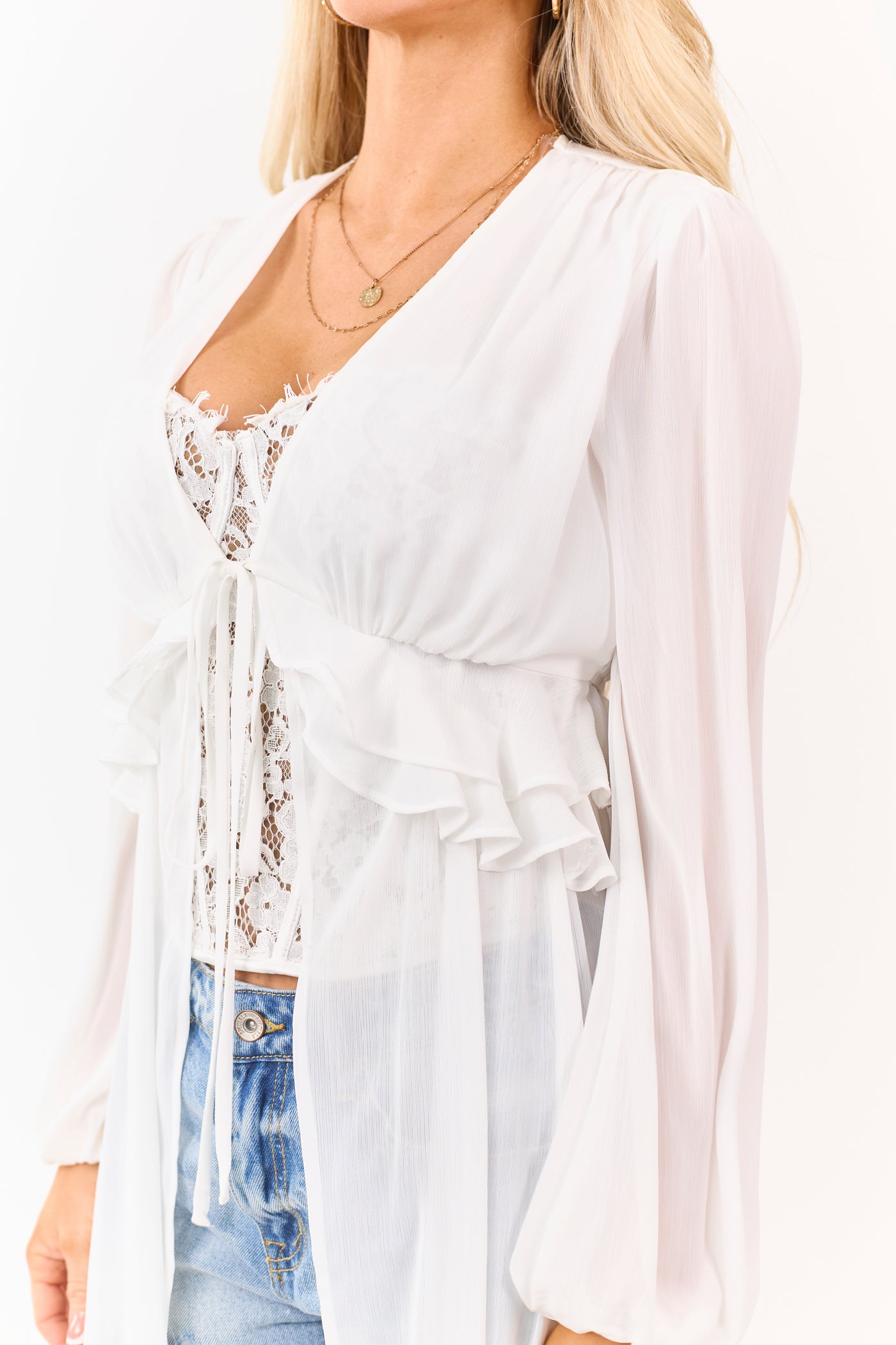 Ivory Front Tie Side Cut Out Sheer Duster Cardigan