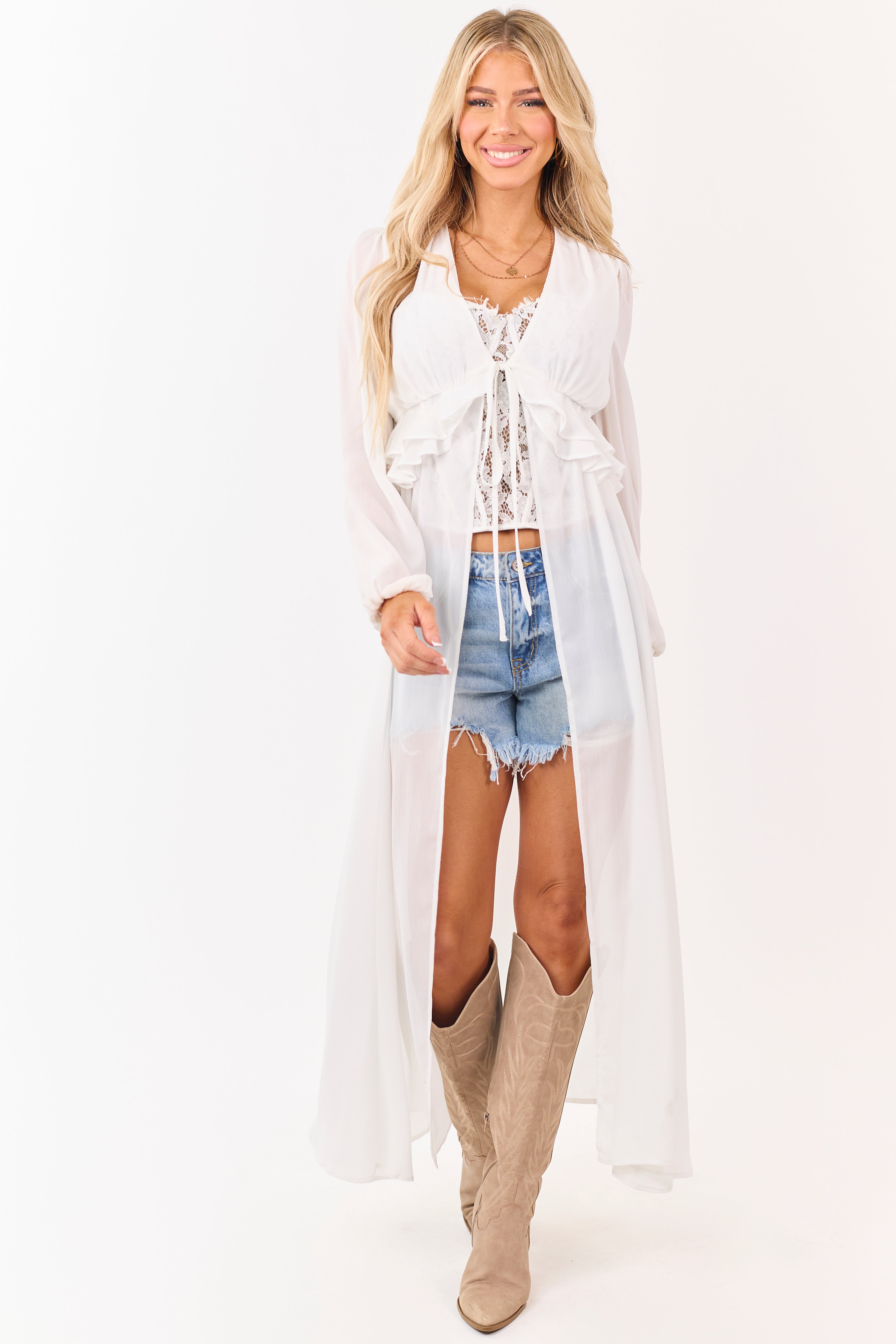 Ivory Front Tie Side Cut Out Sheer Duster Cardigan | Lime Lush
