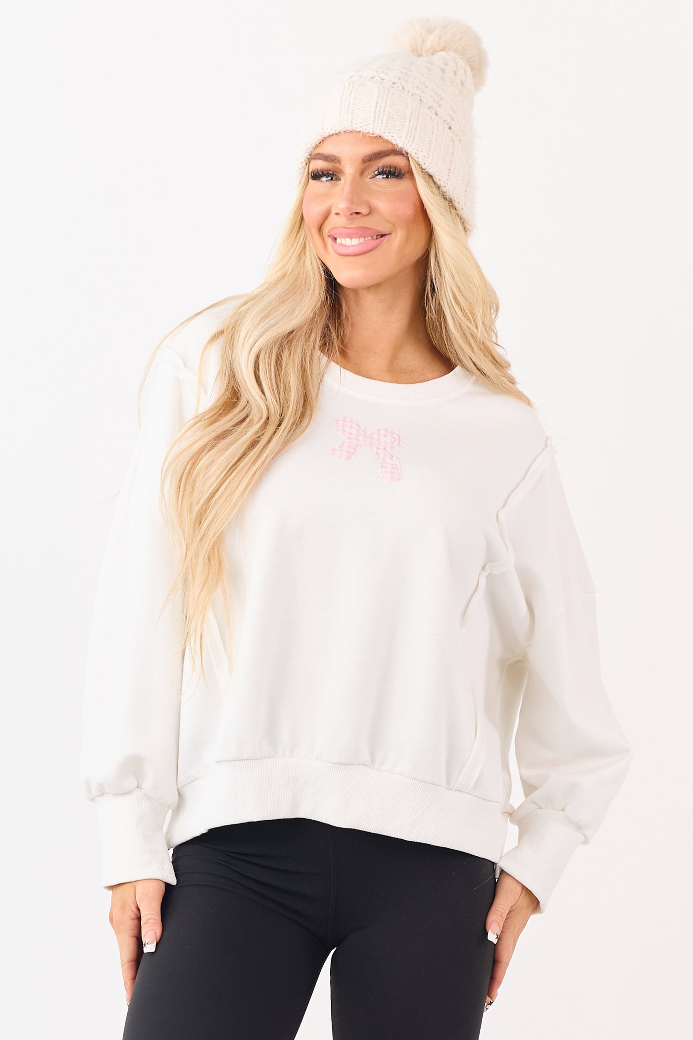 Ivory Gingham Bow Patch Graphic Relaxed Sweatshirt