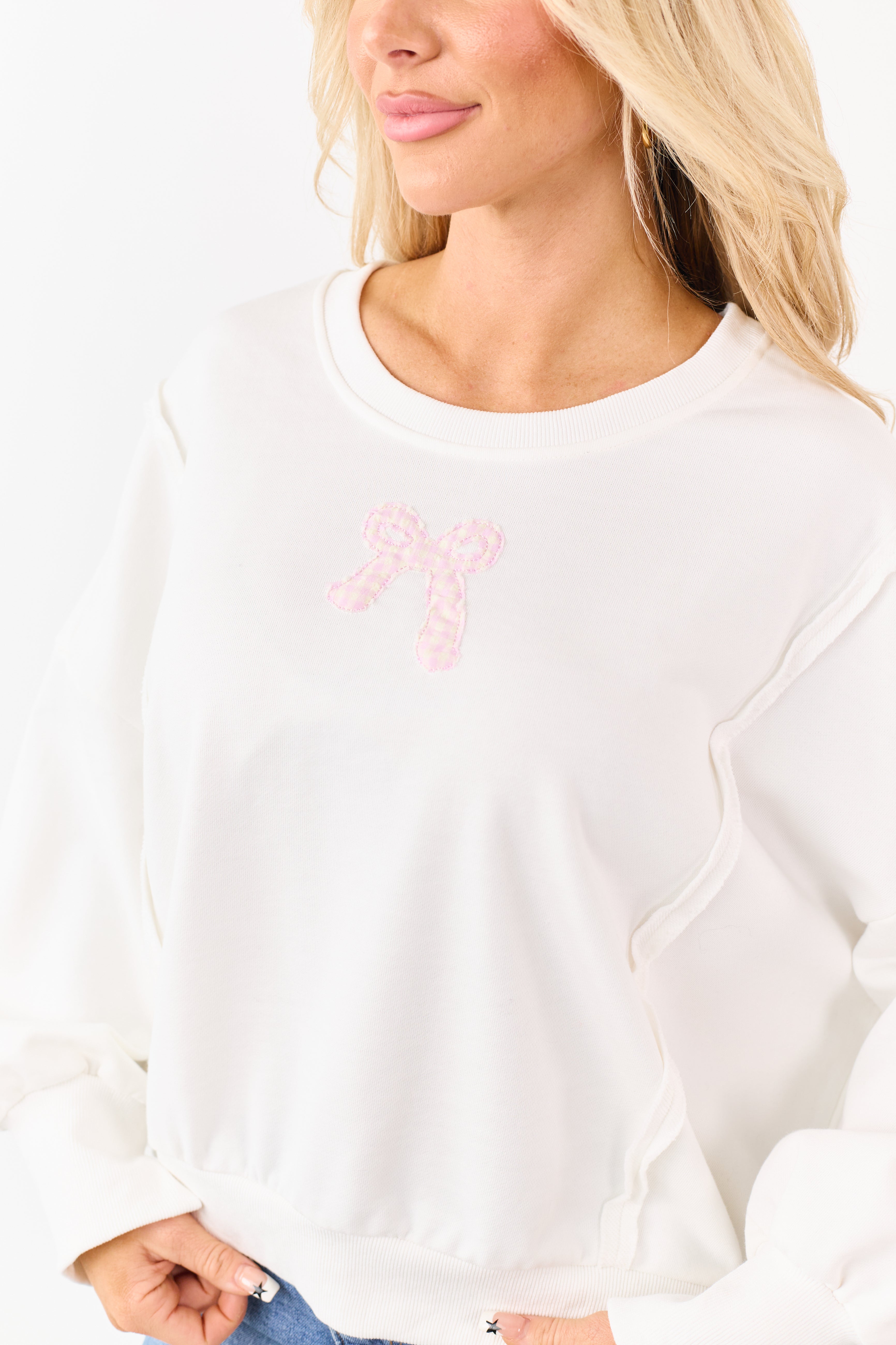 Ivory Gingham Bow Patch Graphic Relaxed Sweatshirt