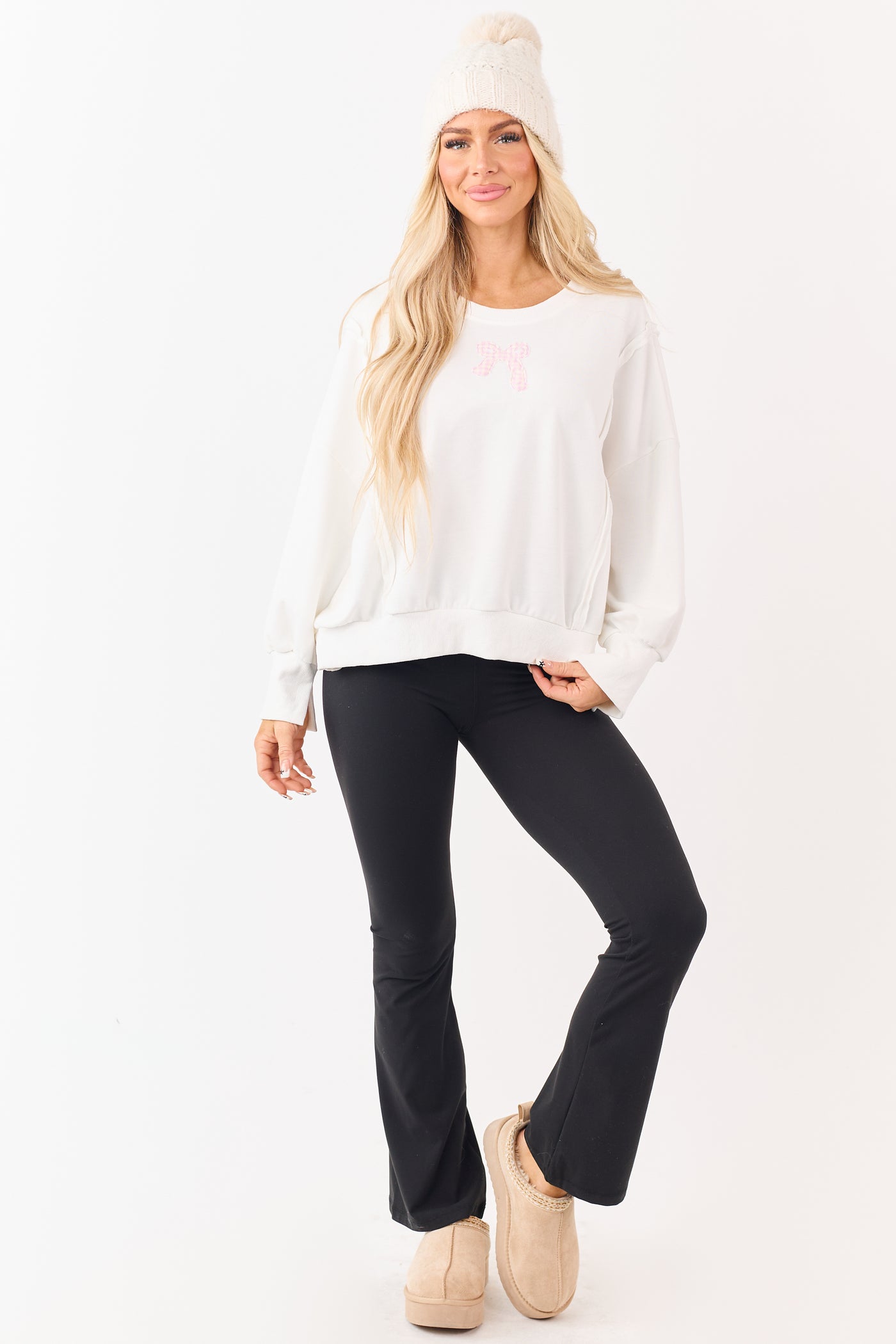 Ivory Gingham Bow Patch Graphic Relaxed Sweatshirt