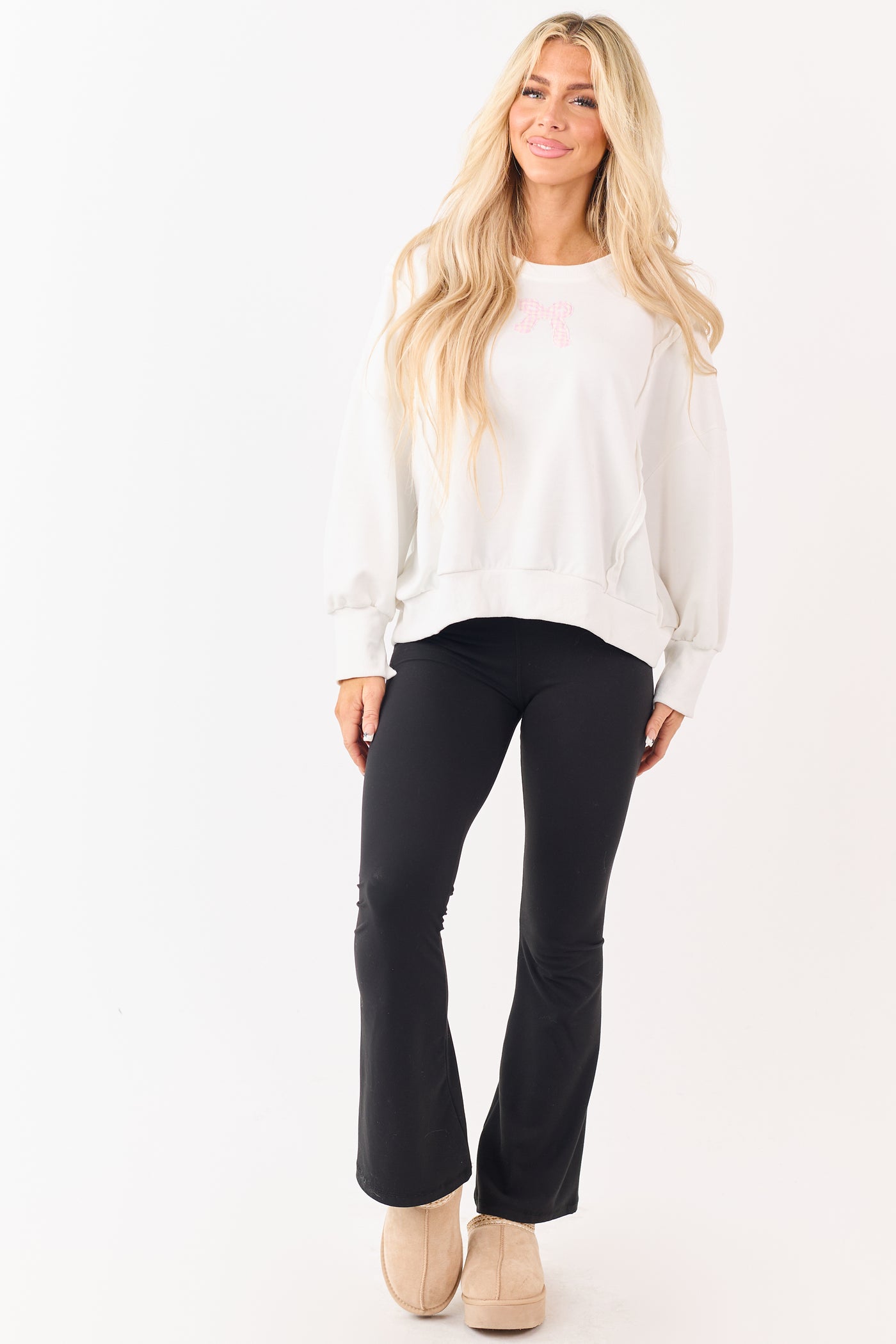 Ivory Gingham Bow Patch Graphic Relaxed Sweatshirt