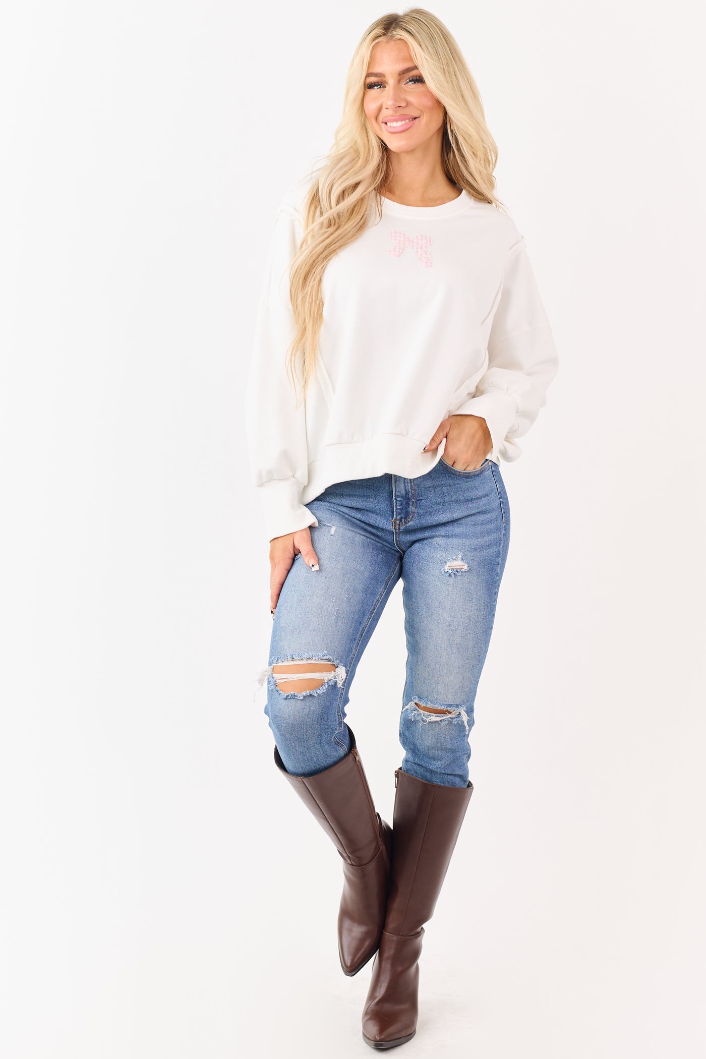 Ivory Gingham Bow Patch Graphic Relaxed Sweatshirt