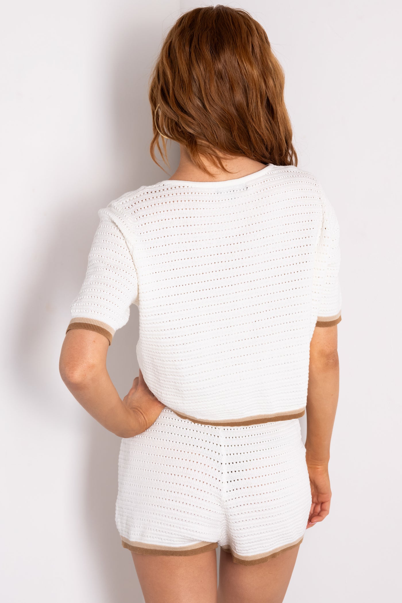 Ivory Half Sleeve Cropped Sepia Trim Sweater