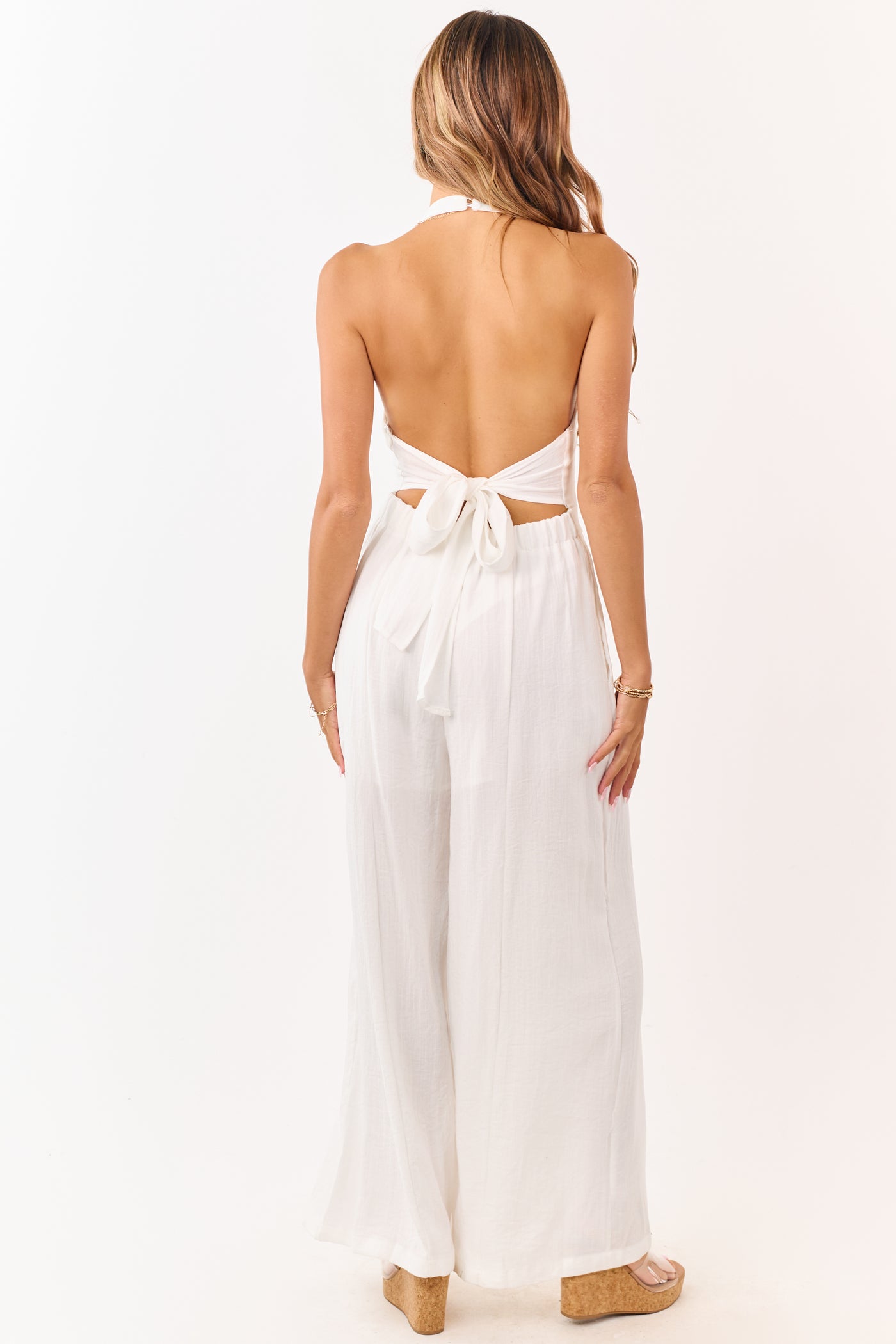 Ivory Halter Neck Buttoned Wide Leg Jumpsuit