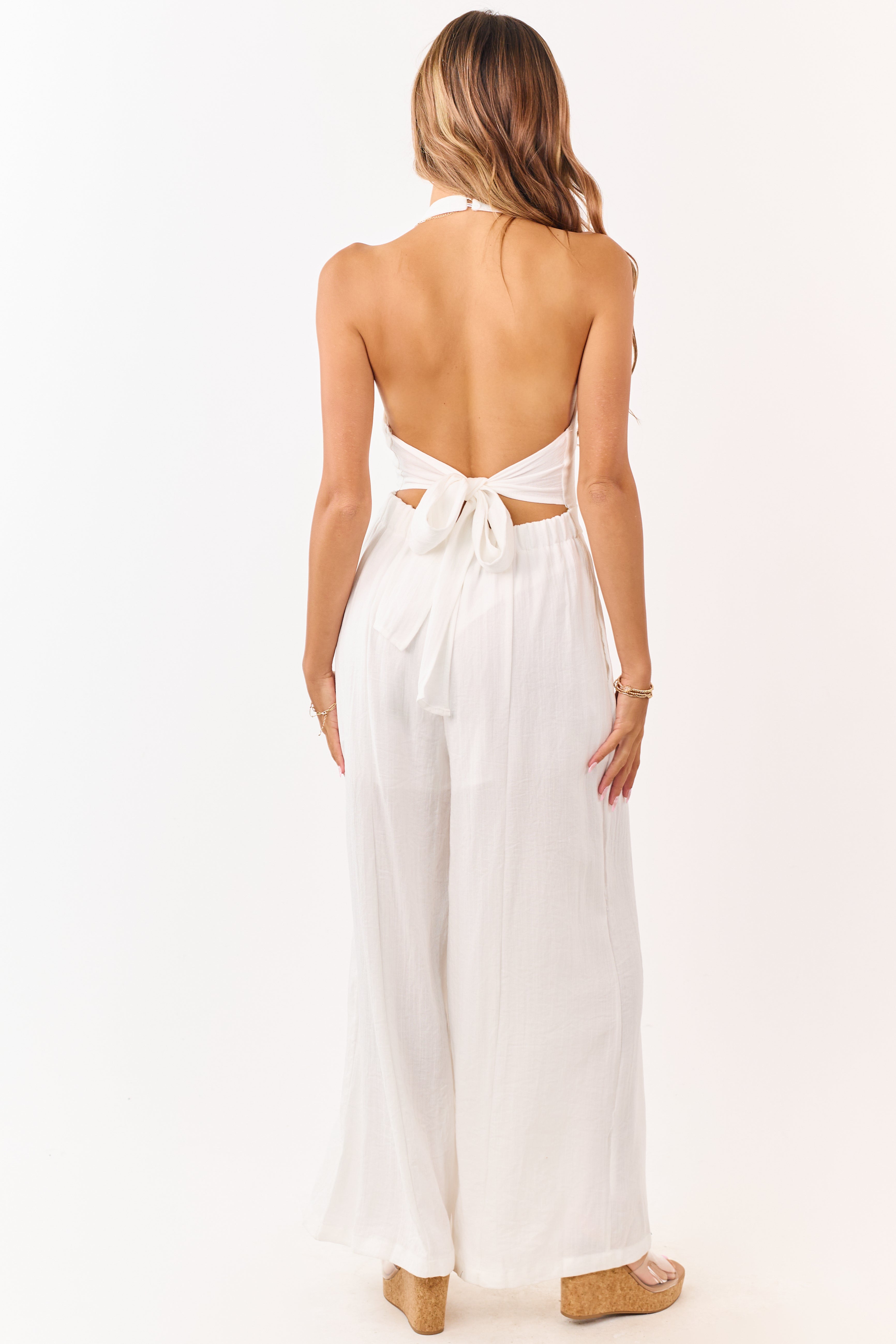 Ivory Halter Neck Buttoned Wide Leg Jumpsuit