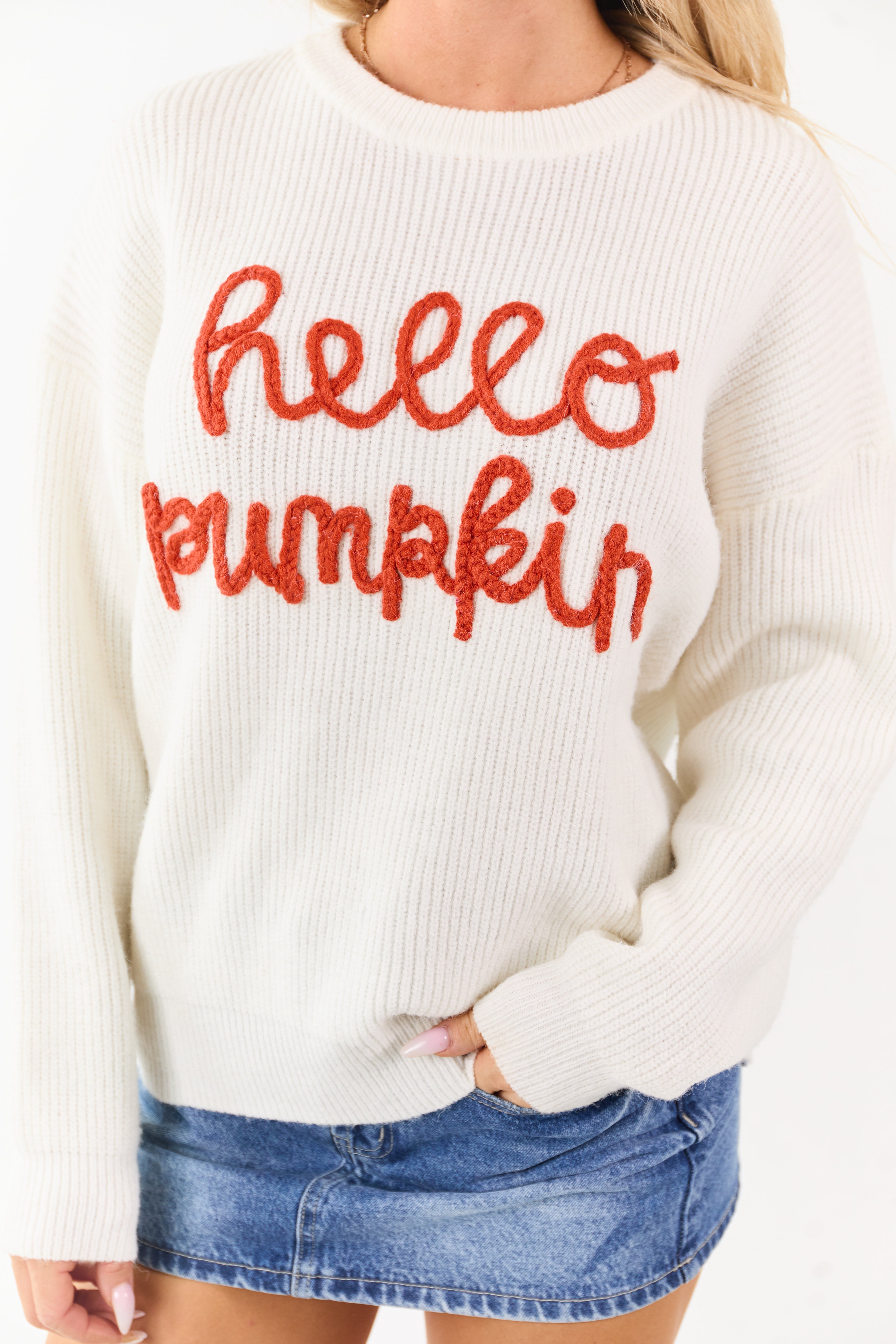 Ivory 'Hello Pumpkin' Yarn Embroidery Sweater