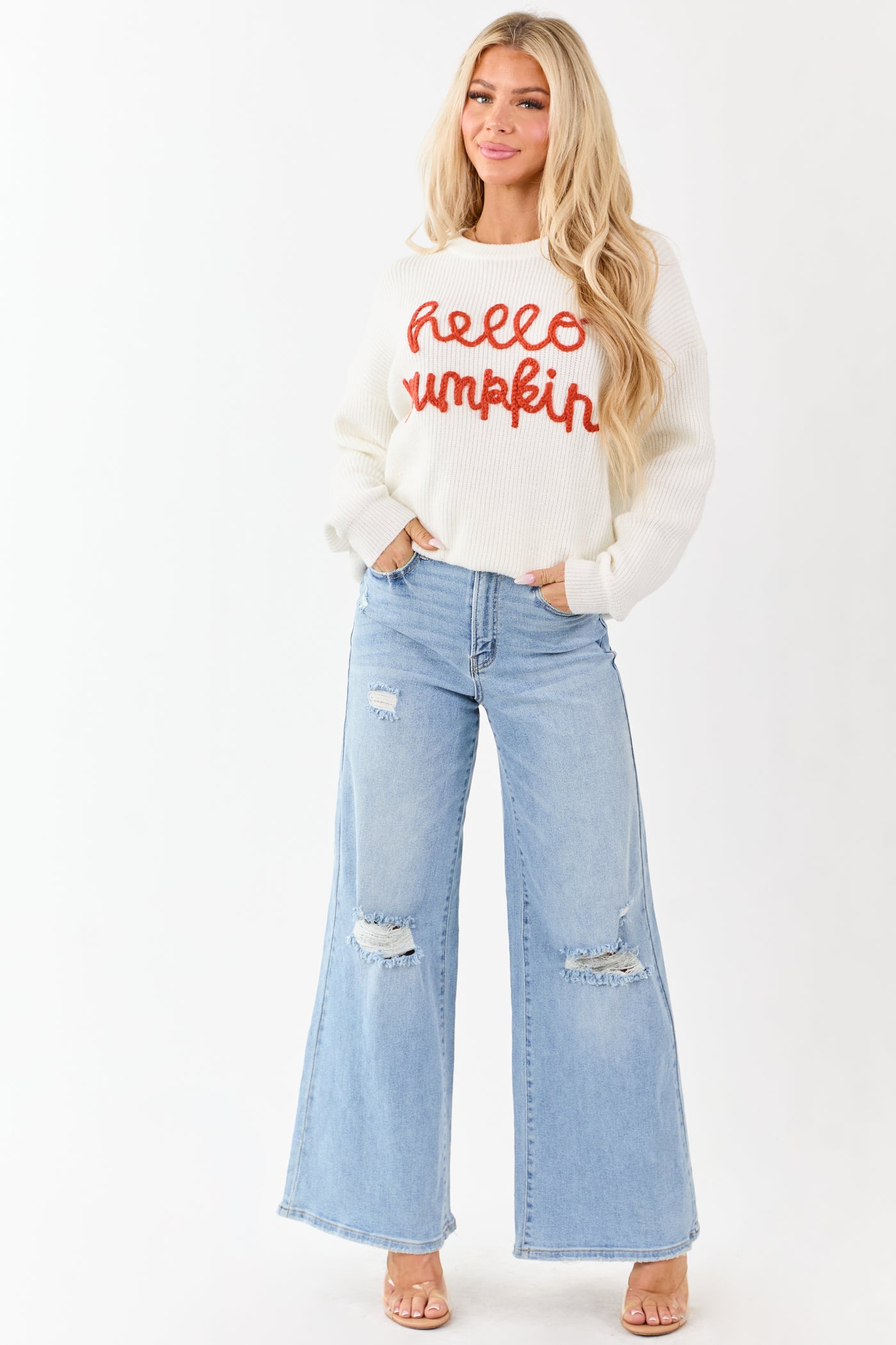 Ivory 'Hello Pumpkin' Yarn Embroidery Sweater