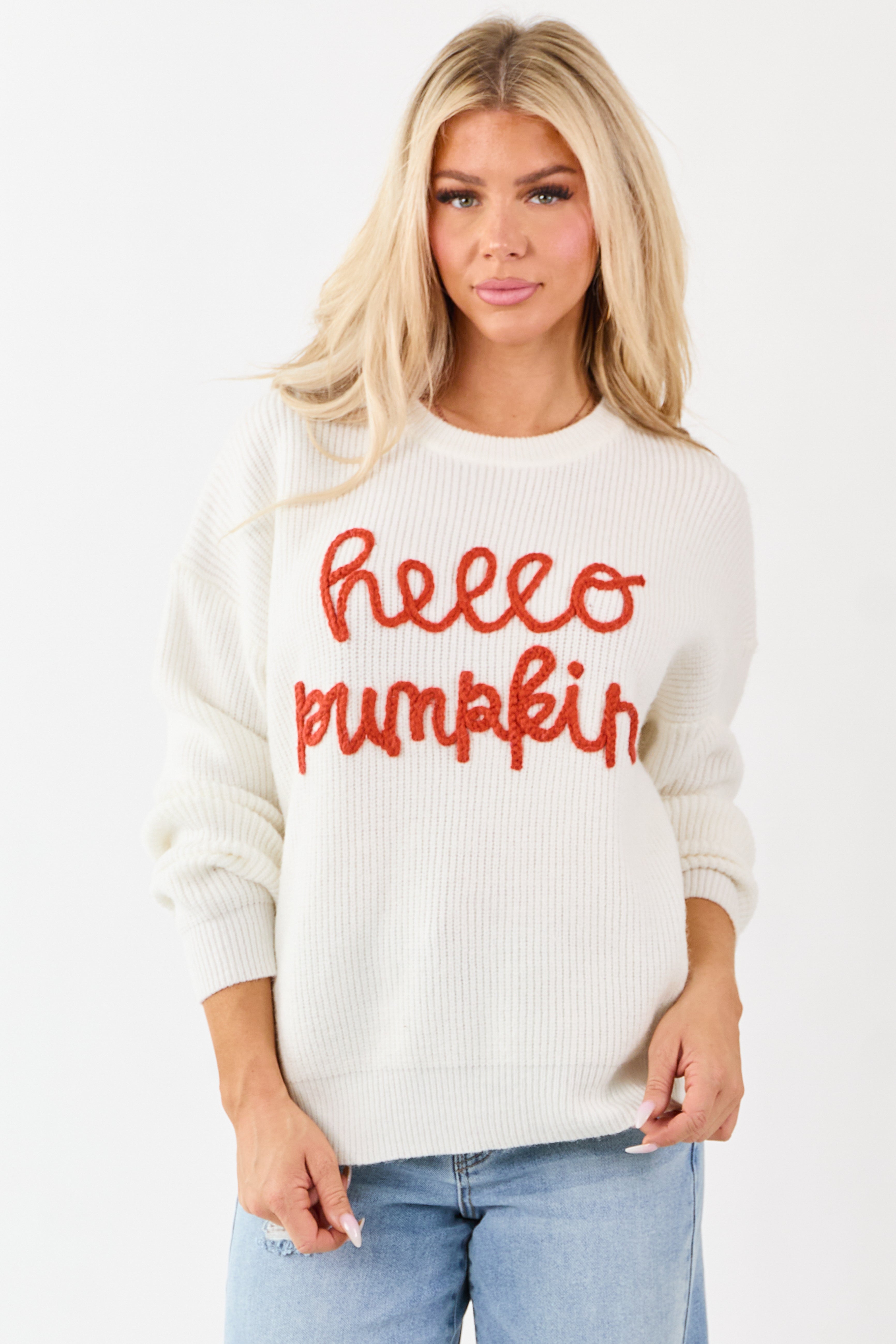 Ivory 'Hello Pumpkin' Yarn Embroidery Sweater