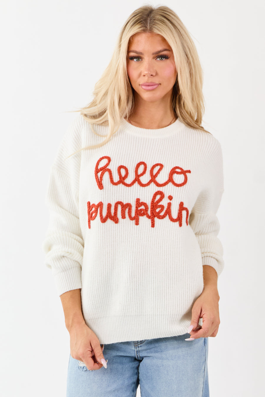 Ivory 'Hello Pumpkin' Yarn Embroidery Sweater