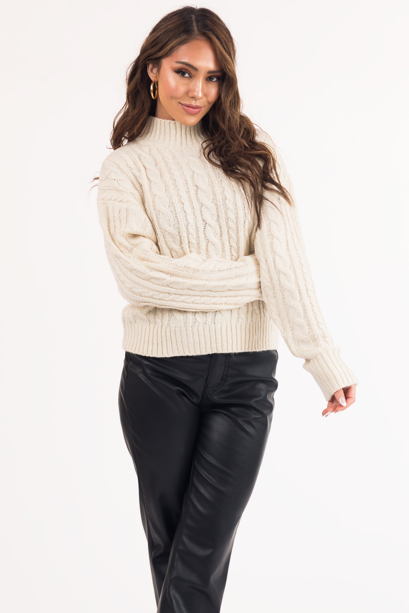 Ivory High Neck Cable Knit Sweater