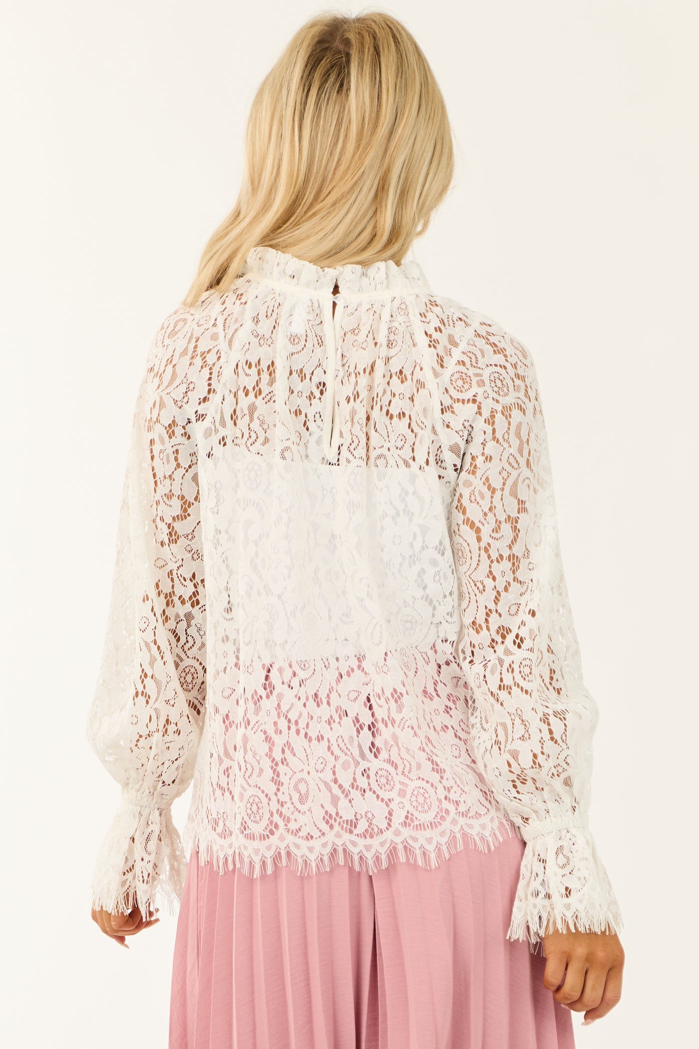 Ivory High Neck Eyelash Trim Lace Blouse