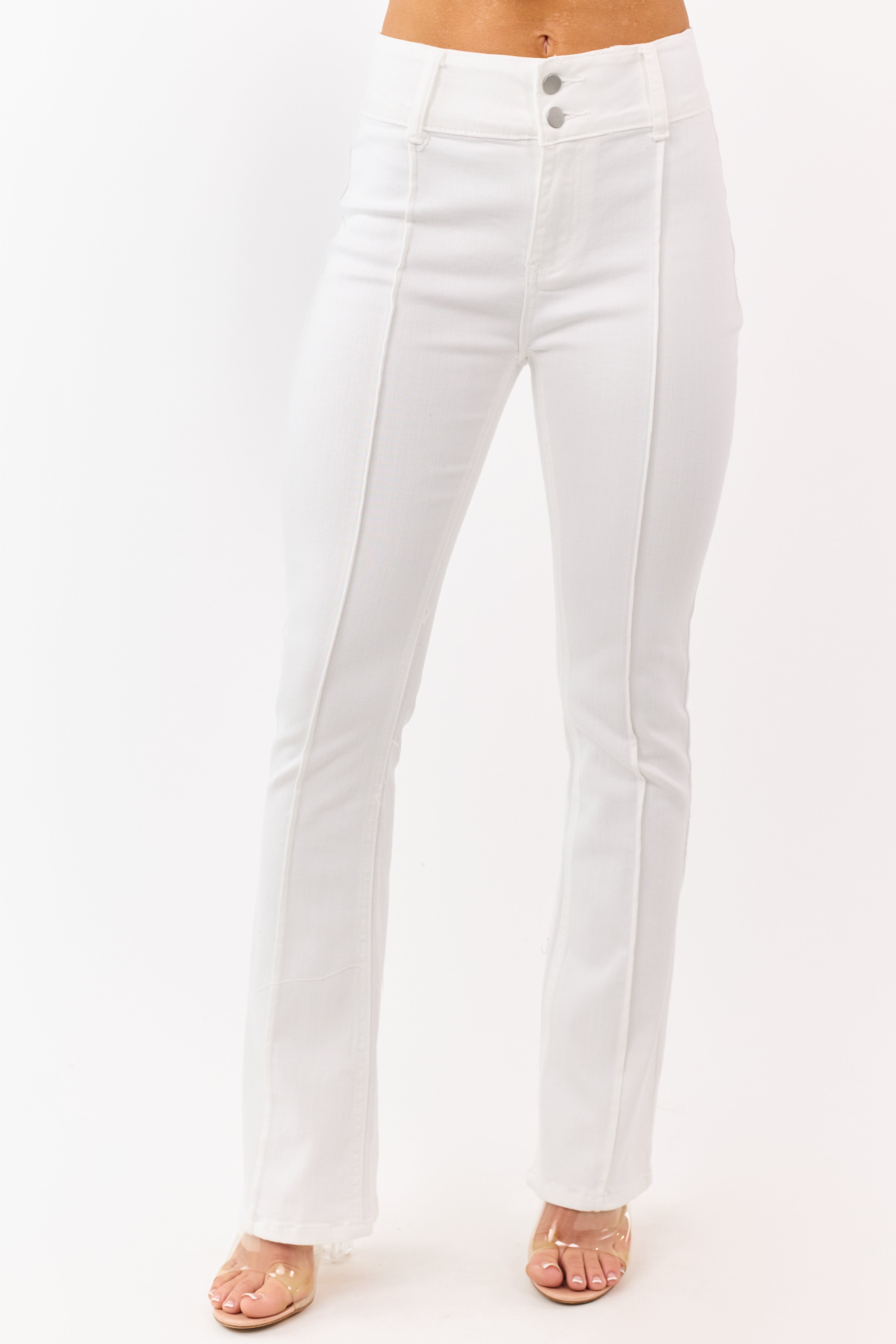 Ivory High Rise Pintuck Seam Stretchy Flare Jeans | Lime Lush Boutique