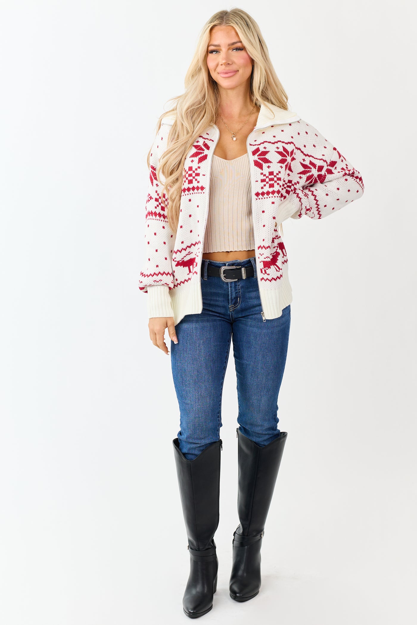 Ivory Holiday Fair Isle Zip Up Sweater Jacket