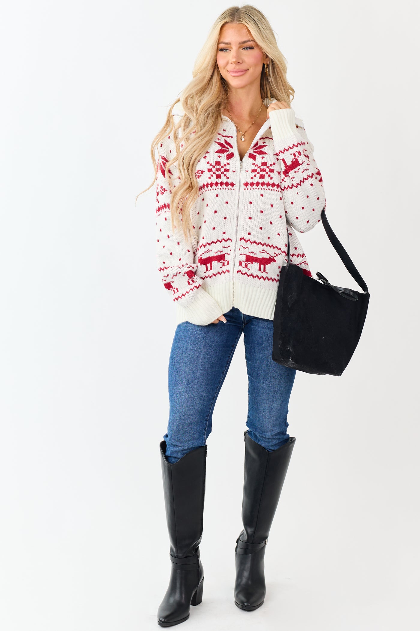 Ivory Holiday Fair Isle Zip Up Sweater Jacket