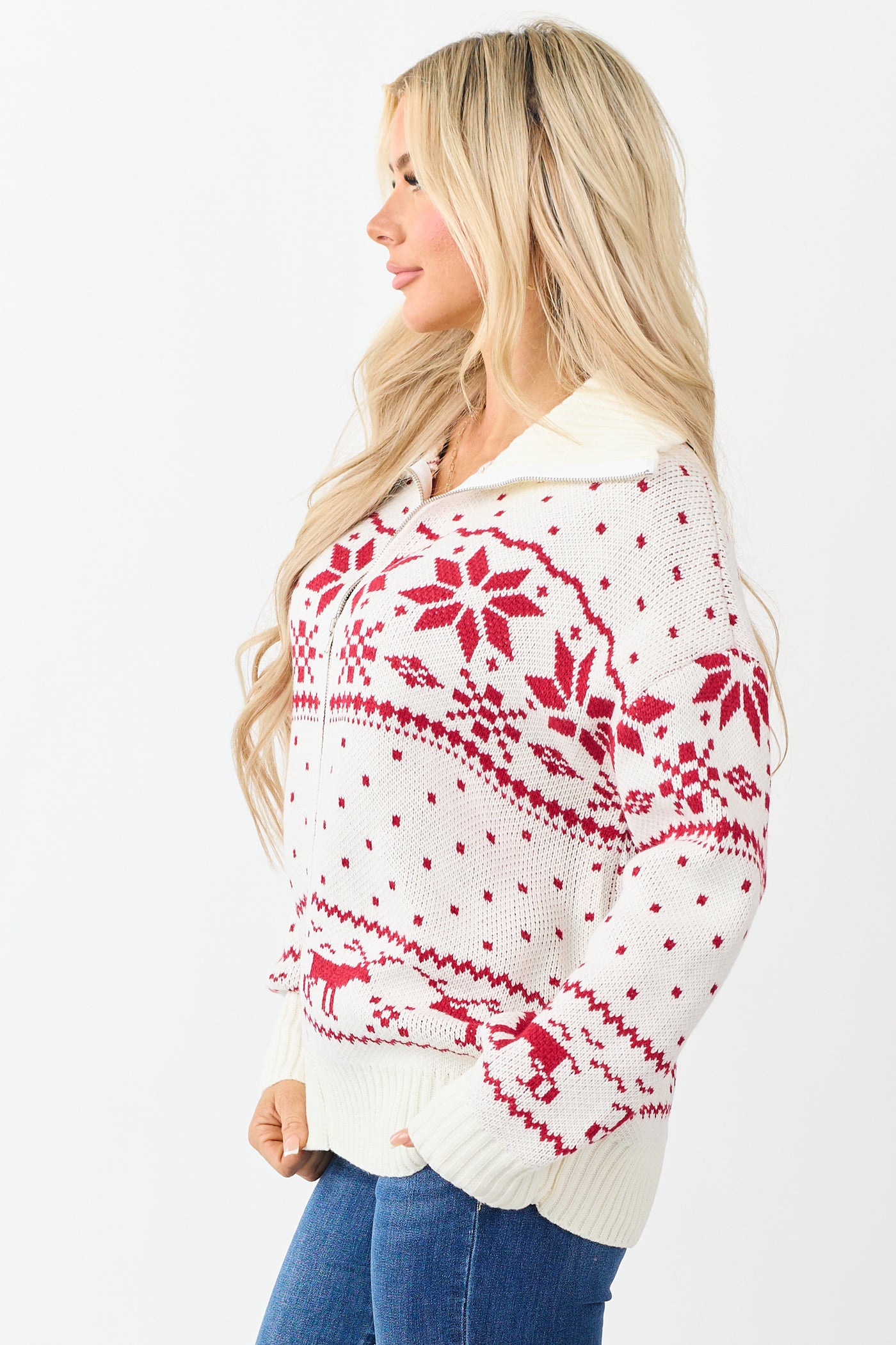 Ivory Holiday Fair Isle Zip Up Sweater Jacket