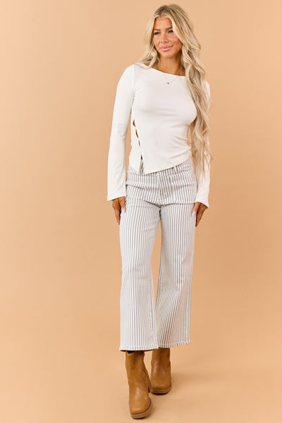 Ivory Knit Buttoned Side Slit Long Sleeve Top