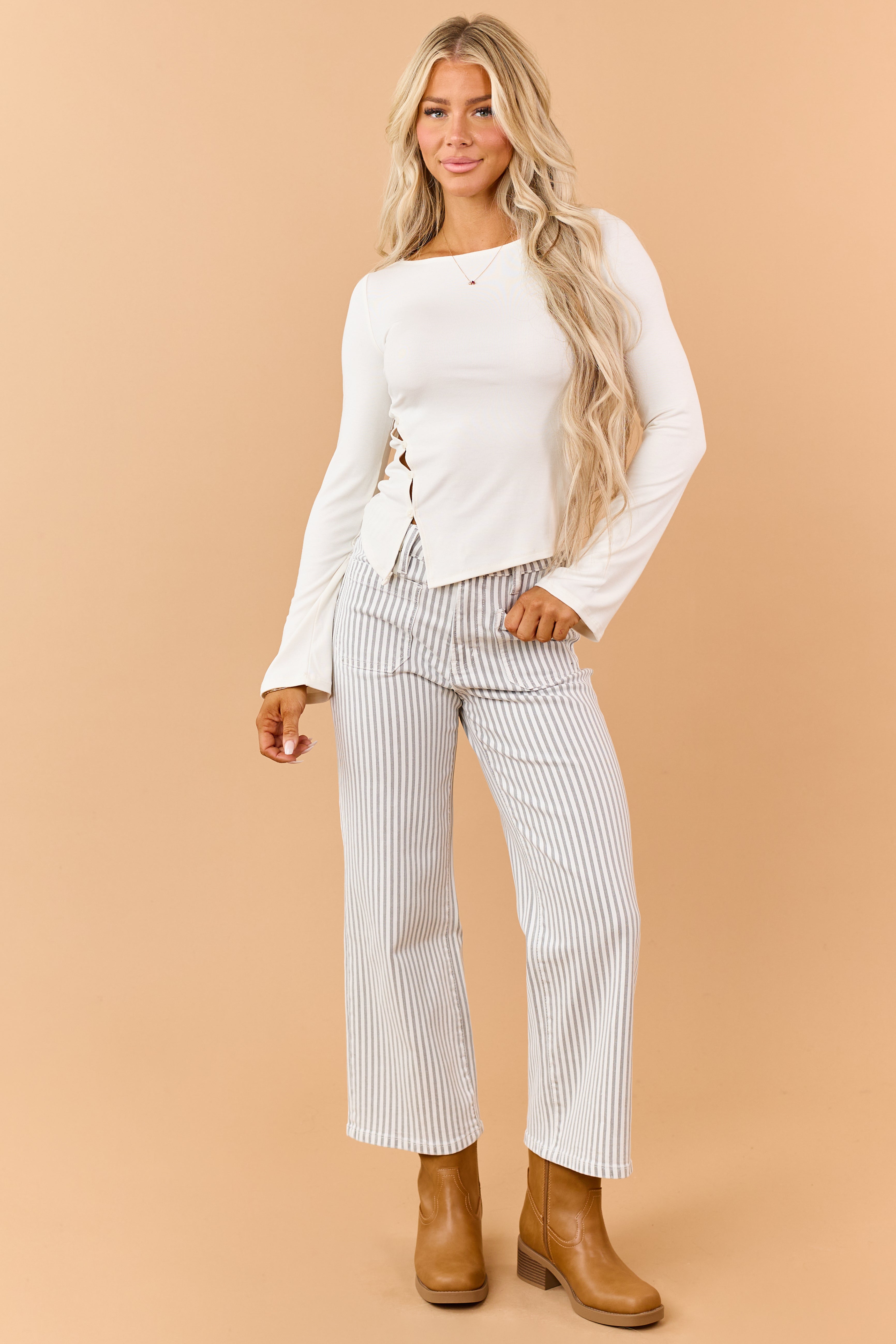 Ivory Knit Buttoned Side Slit Long Sleeve Top