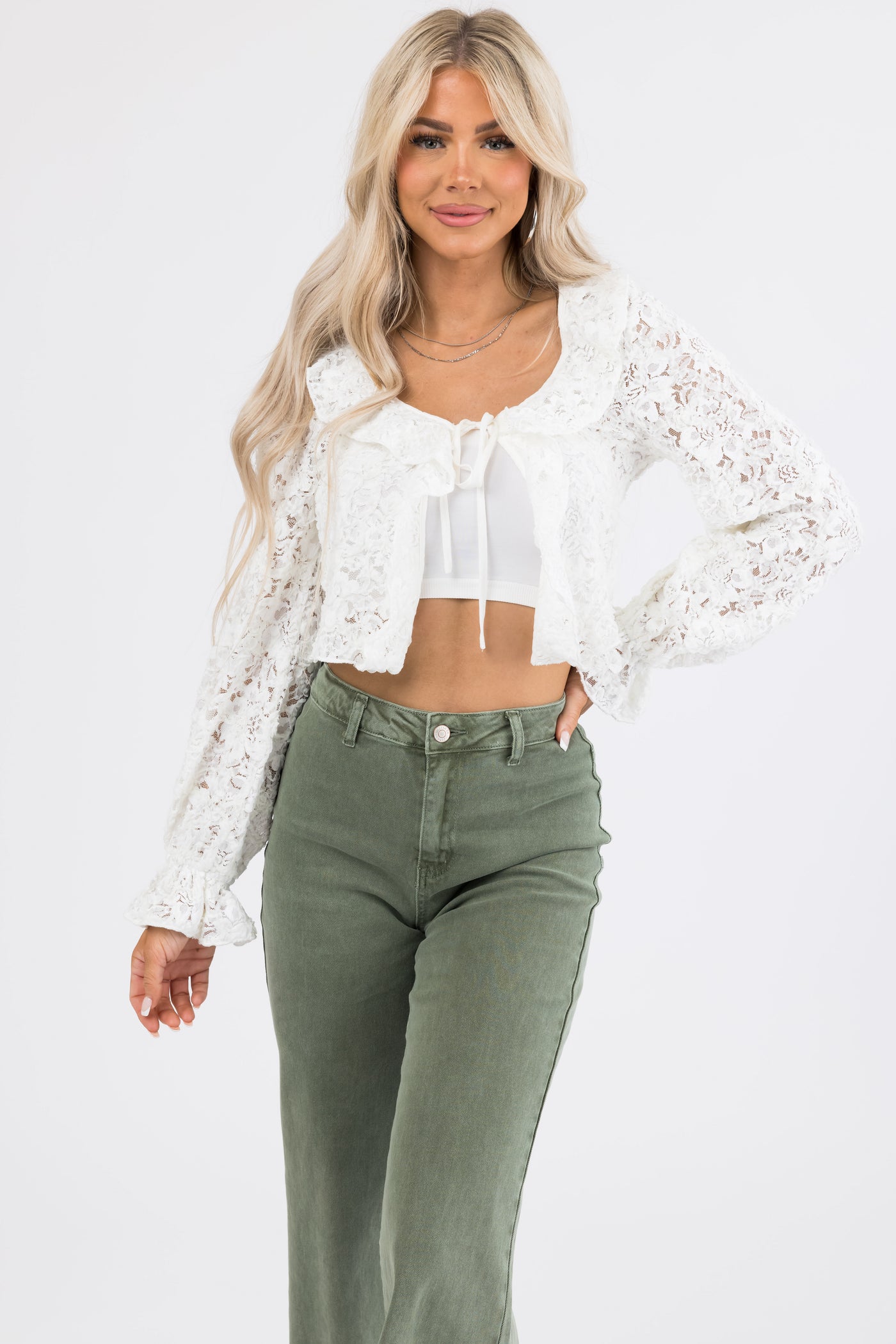 Ivory Lace Long Sleeve Ruffle Top