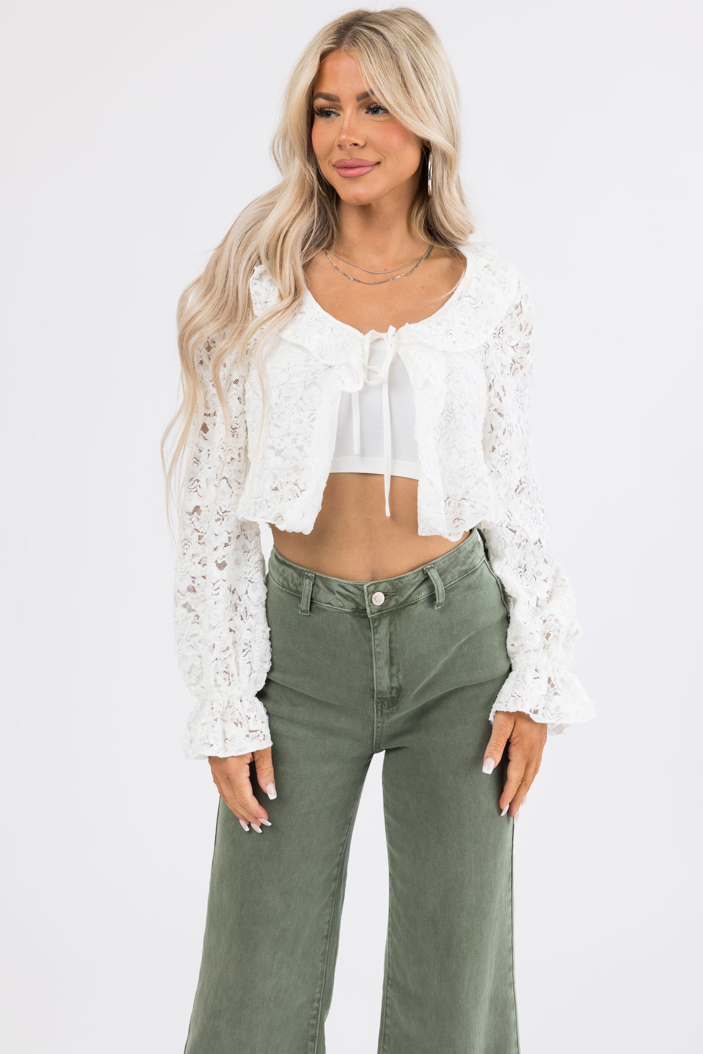 Ivory Lace Long Sleeve Ruffle Top