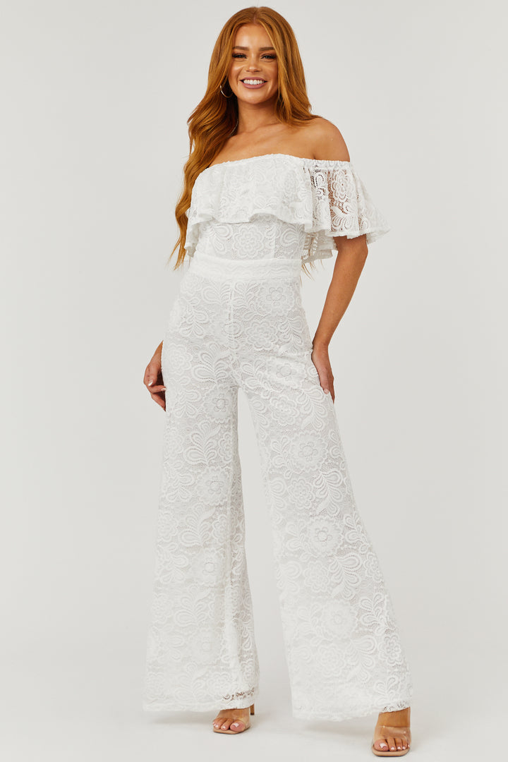 Flying Tomato Ivory Lace Off the Shoulder Wide Leg Jumpsuit