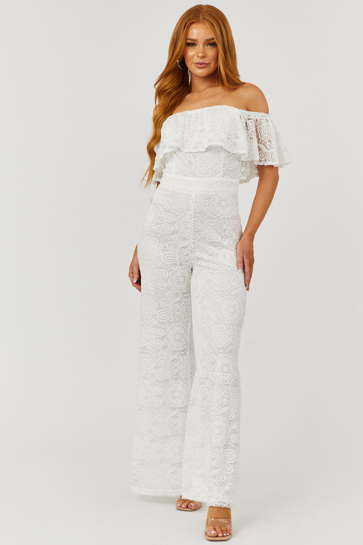 Flying Tomato Ivory Lace Off the Shoulder Wide Leg Jumpsuit
