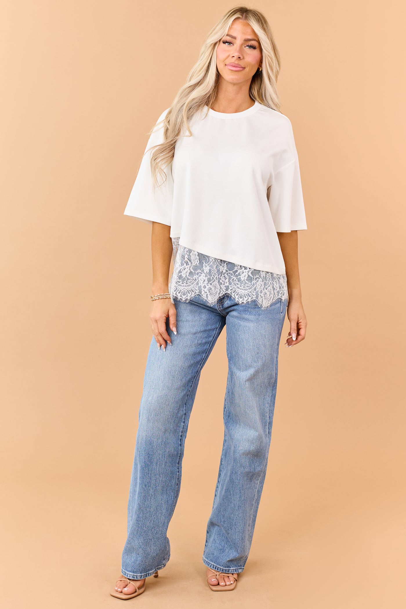 Ivory Lace Trim Asymmetrical Short Sleeve Top