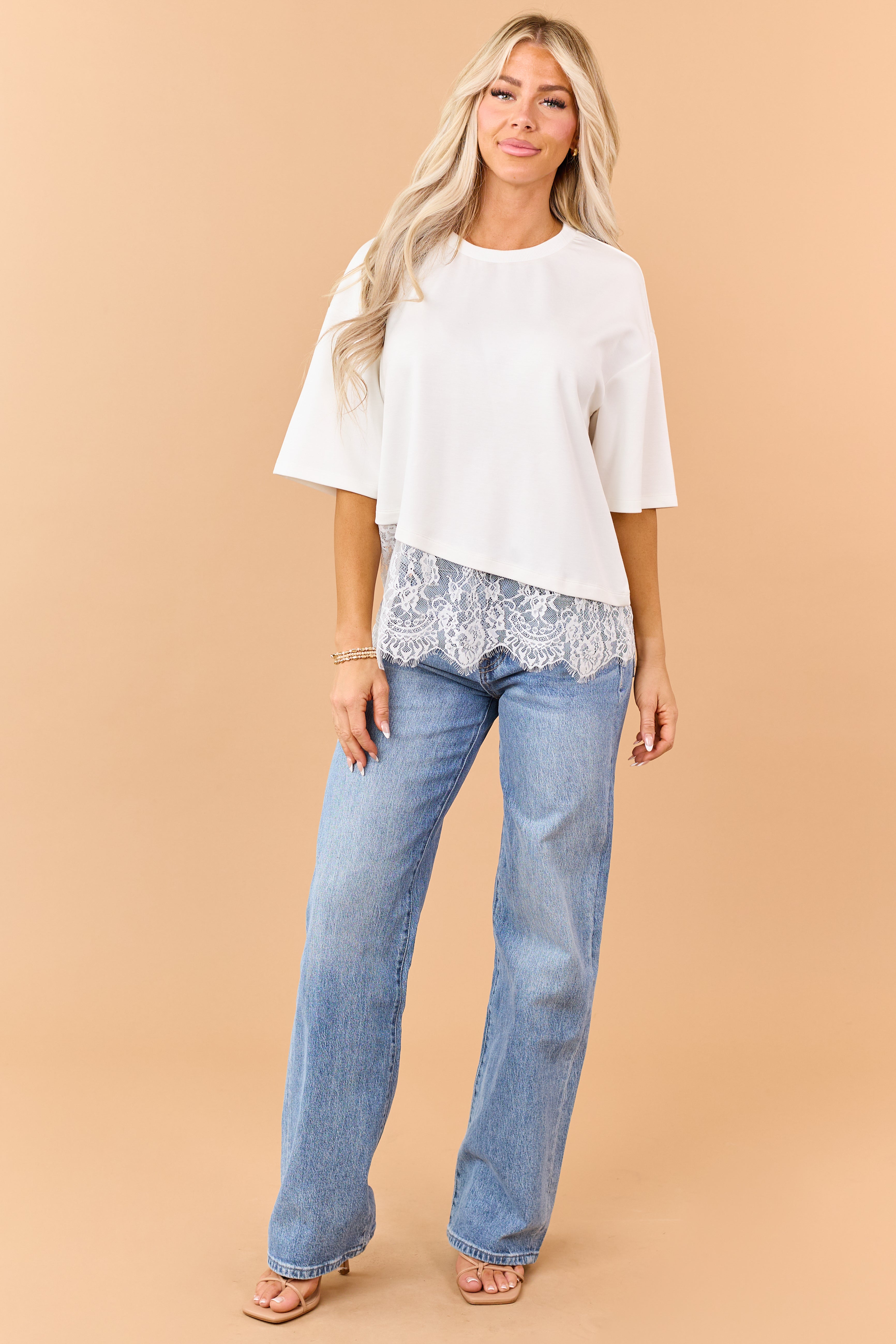 Ivory Lace Trim Asymmetrical Short Sleeve Top
