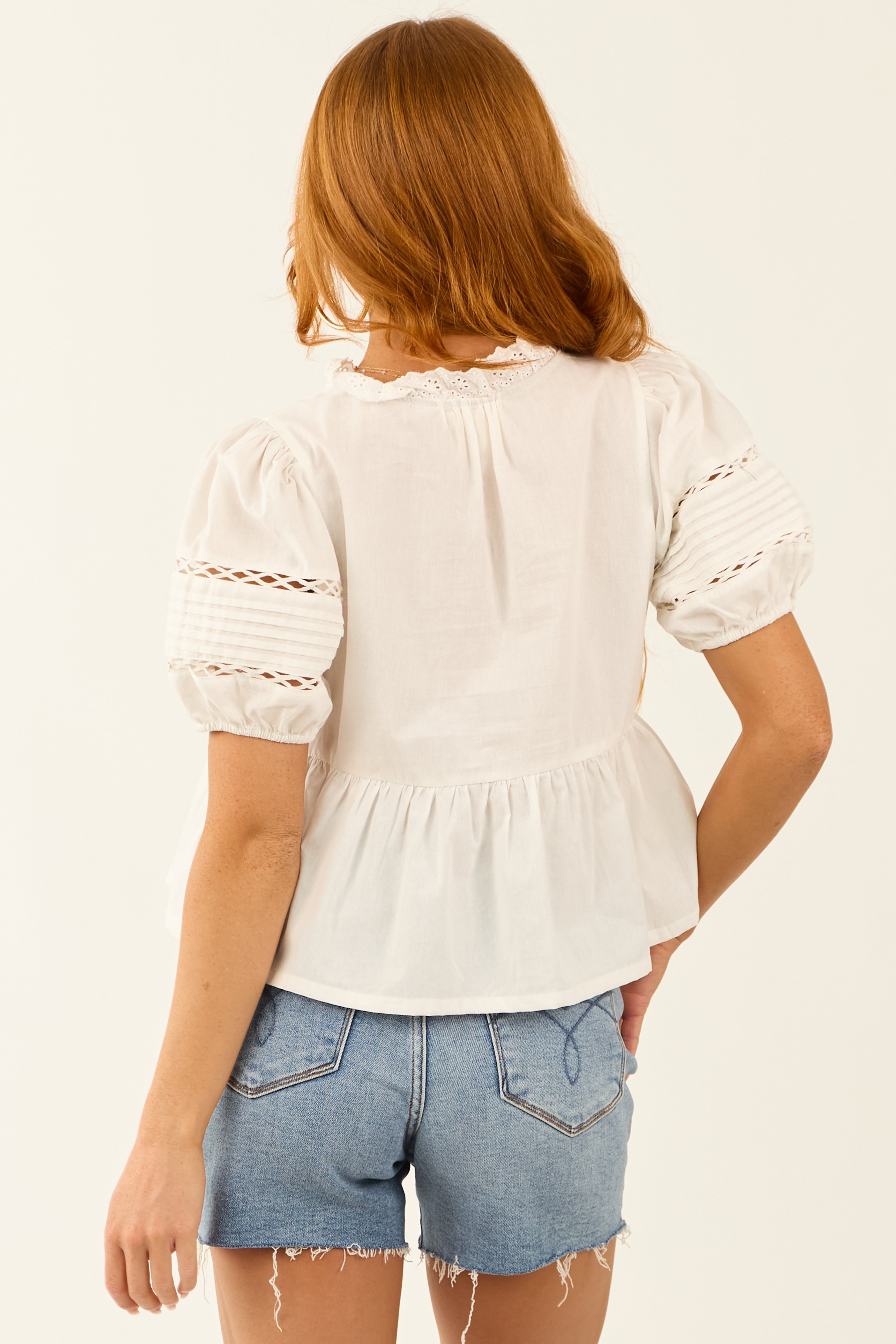 Ivory Lace Trim Frill Neckline Peplum Blouse | Lime Lush Boutique
