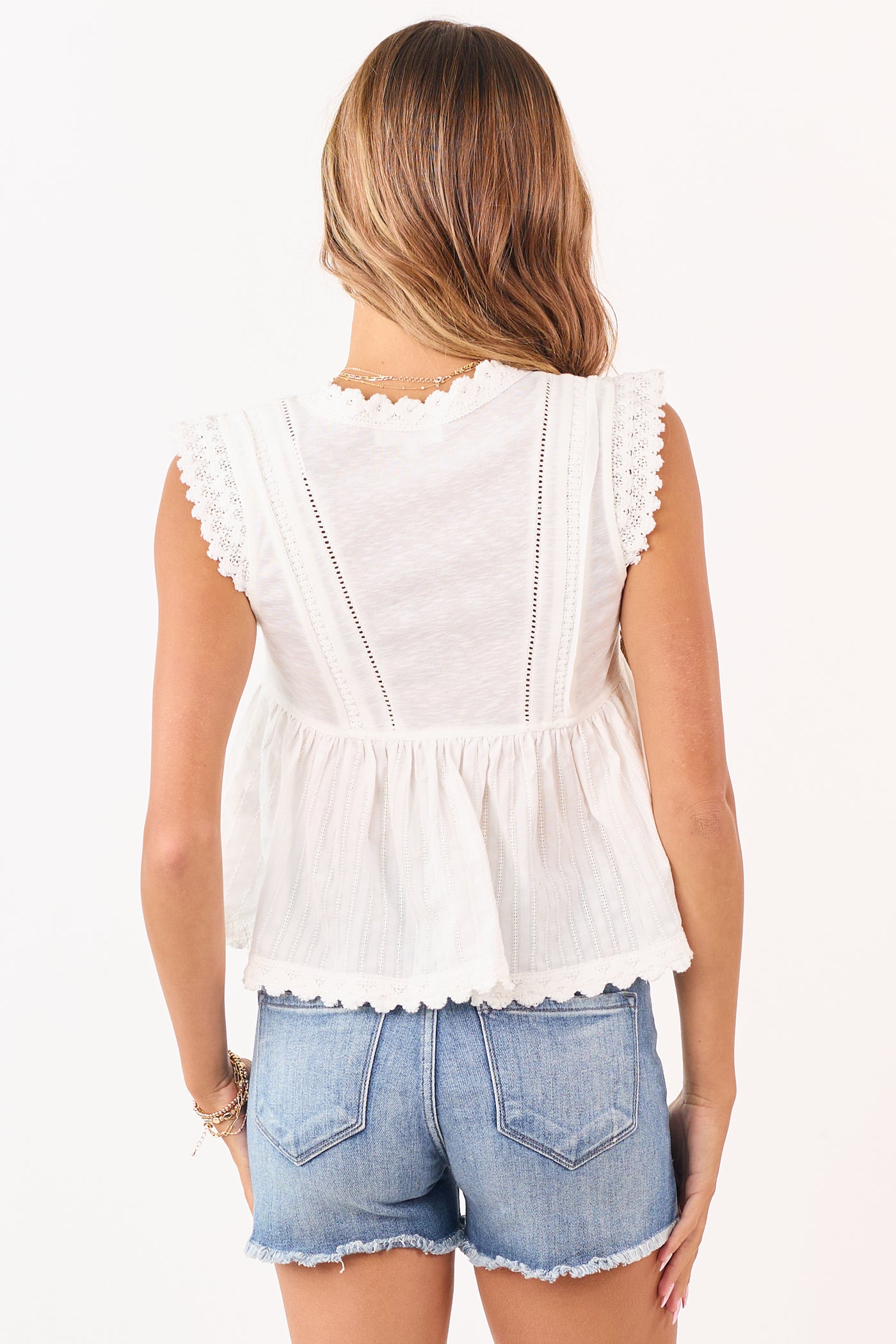 Ivory Lace Trim V-Neck Peplum Cap Sleeve Top