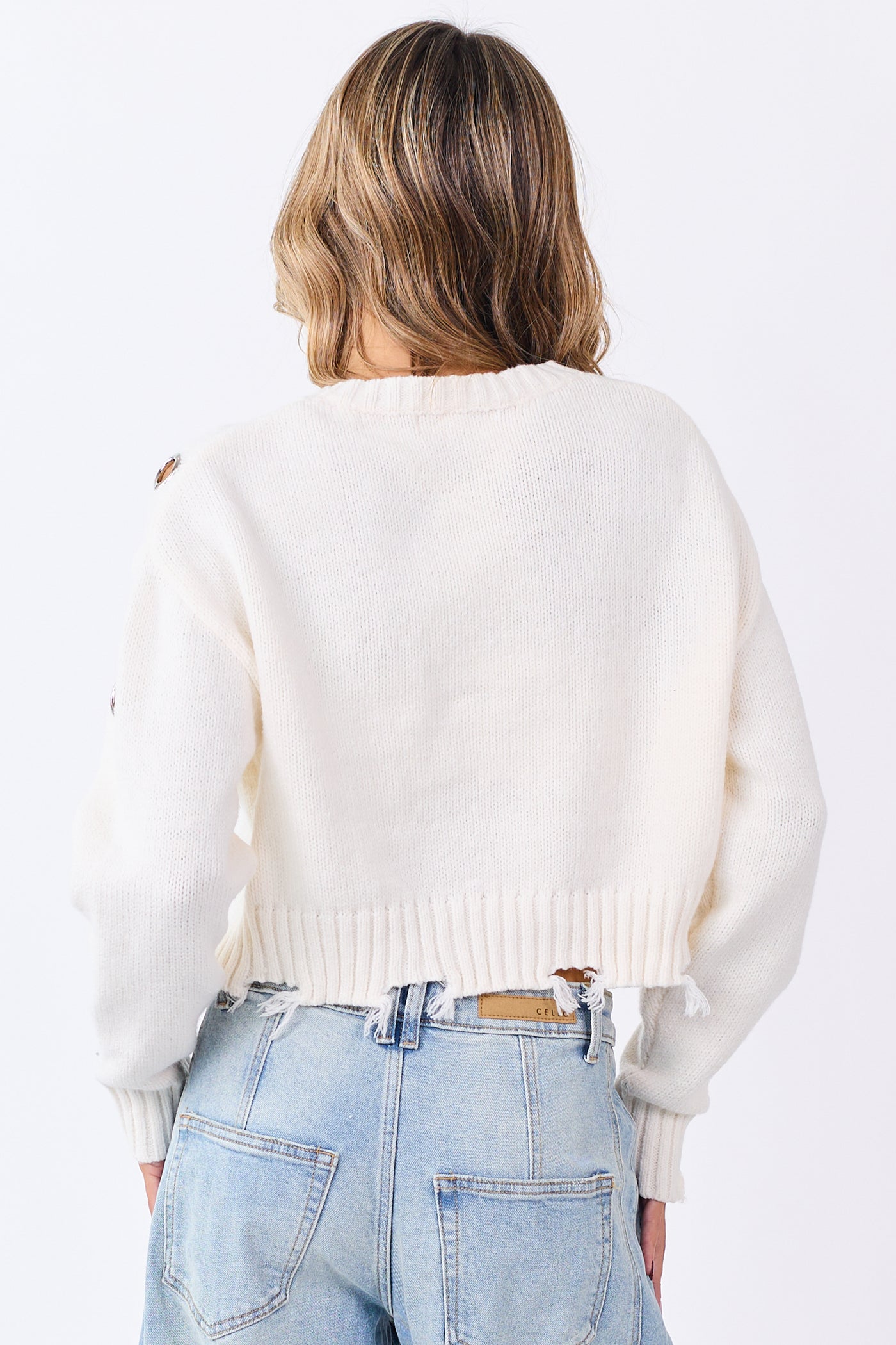 Ivory Large Grommet Cropped Knit Sweater