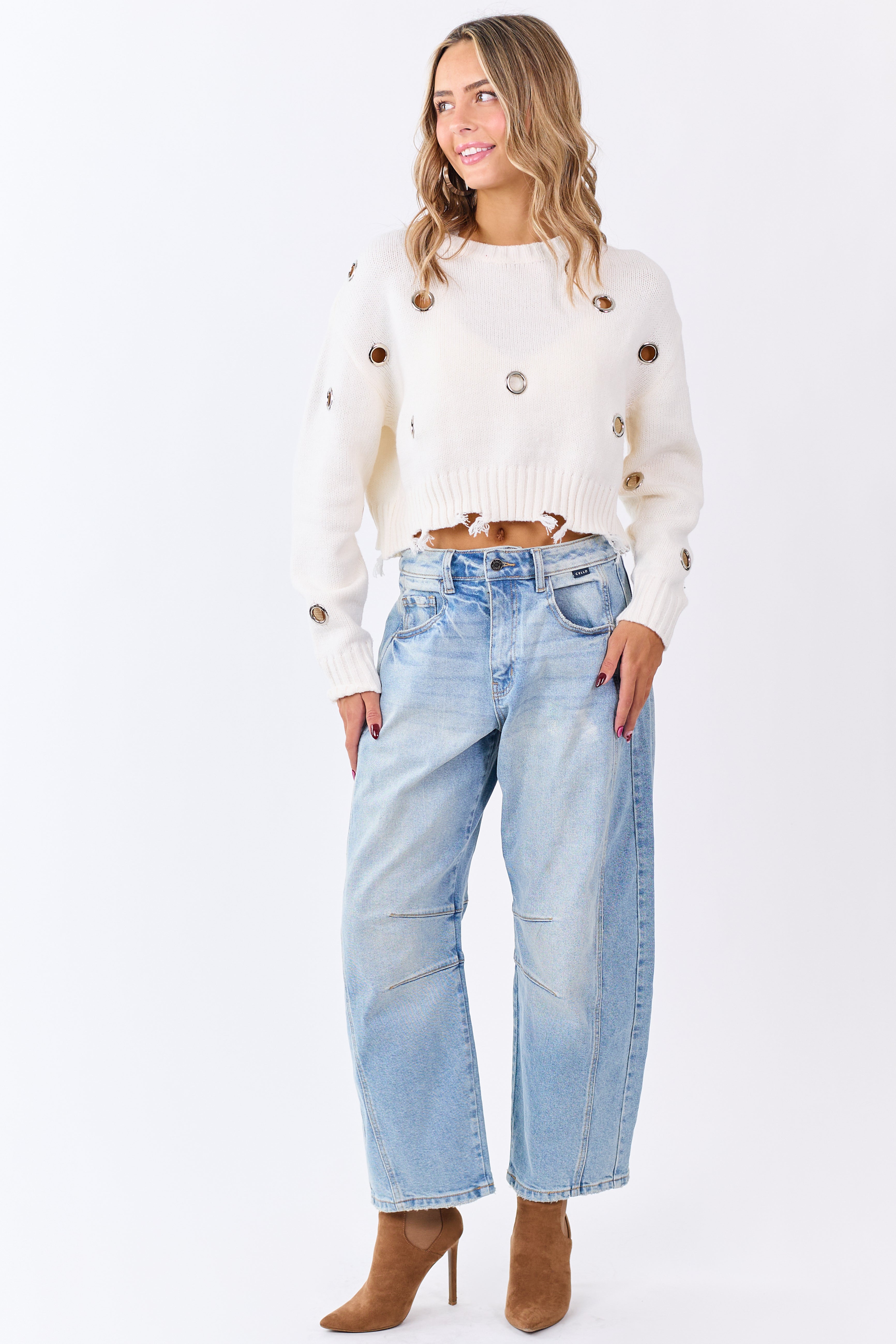 Ivory Large Grommet Cropped Knit Sweater