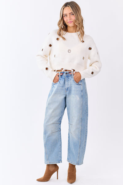 Ivory Large Grommet Cropped Knit Sweater
