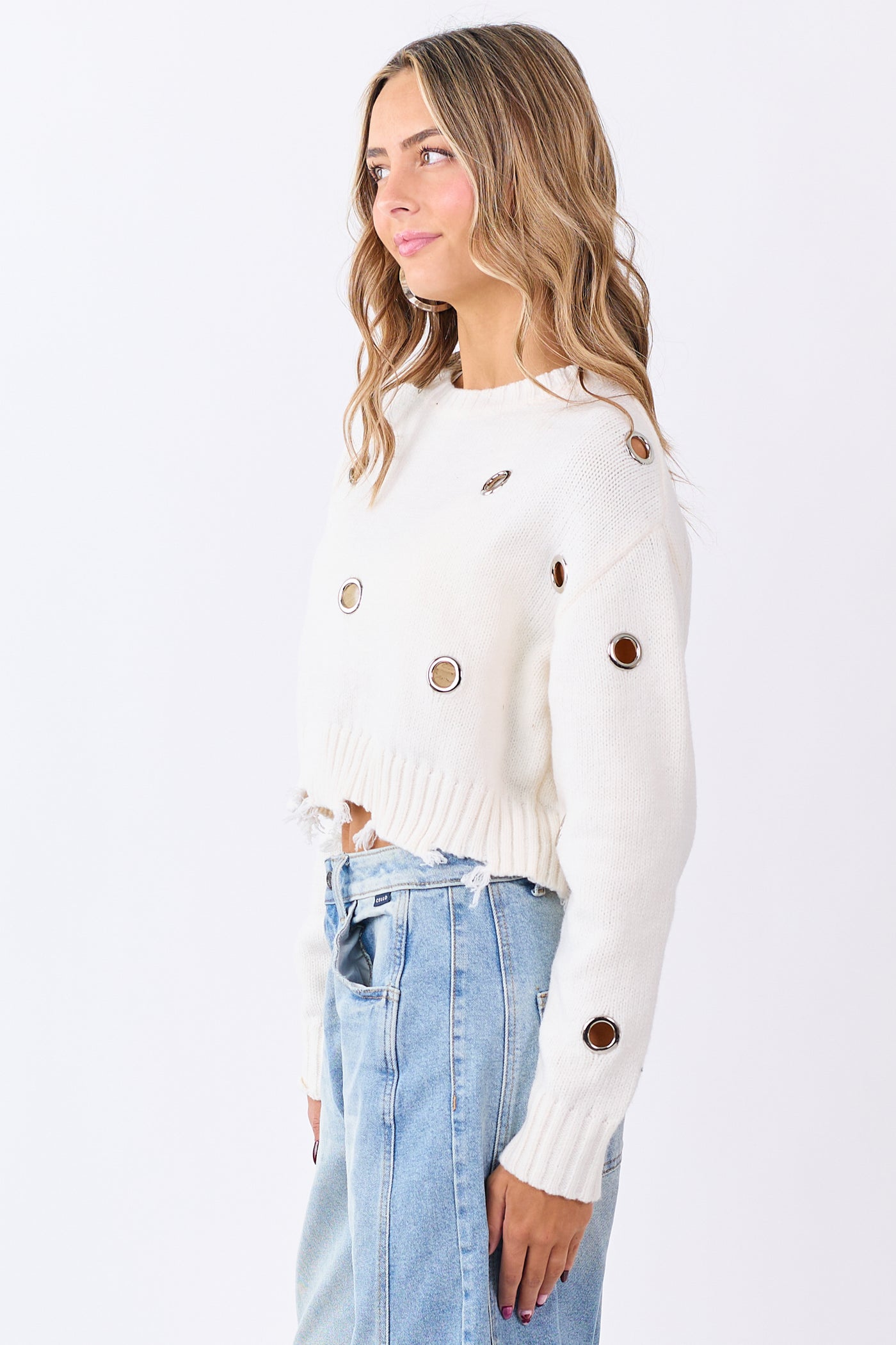 Ivory Large Grommet Cropped Knit Sweater