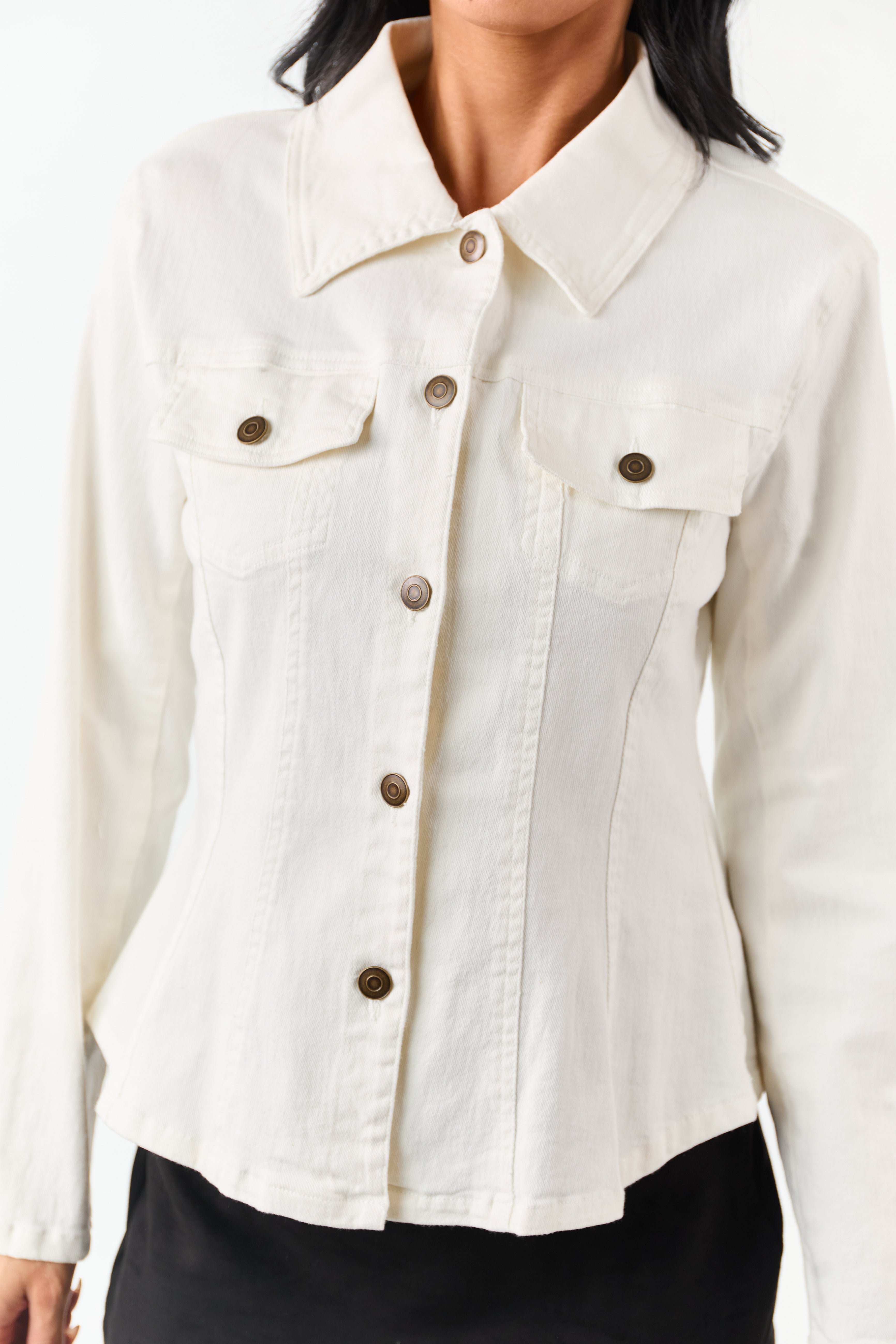 Ivory Long Sleeve Button Up Denim Jacket