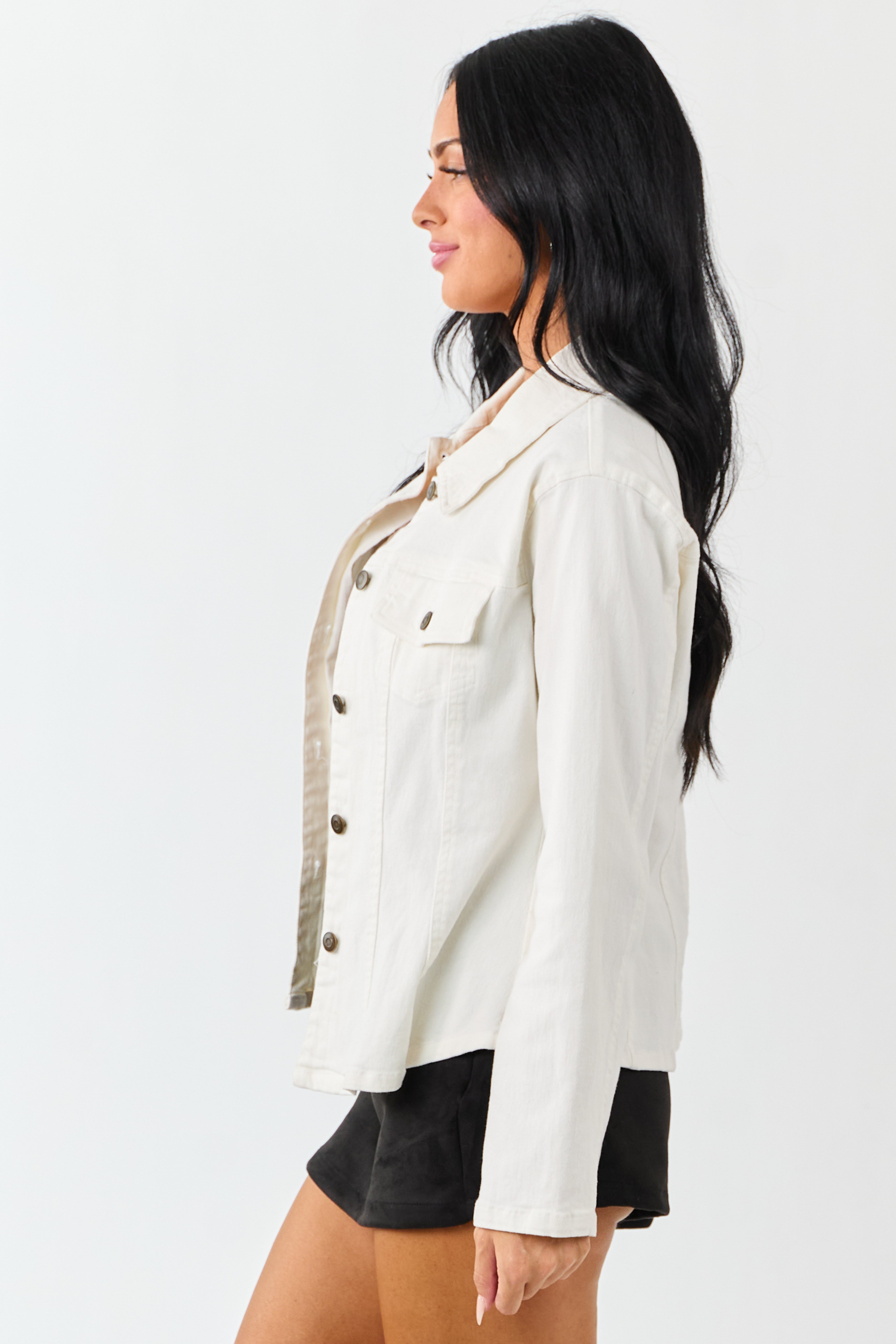 Ivory Long Sleeve Button Up Denim Jacket
