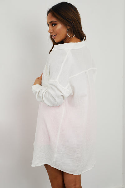 Ivory Long Sleeve Cotton Gauze Shirt Dress