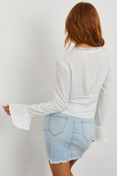 Ivory Long Sleeve Lace Trim Front Tie Top