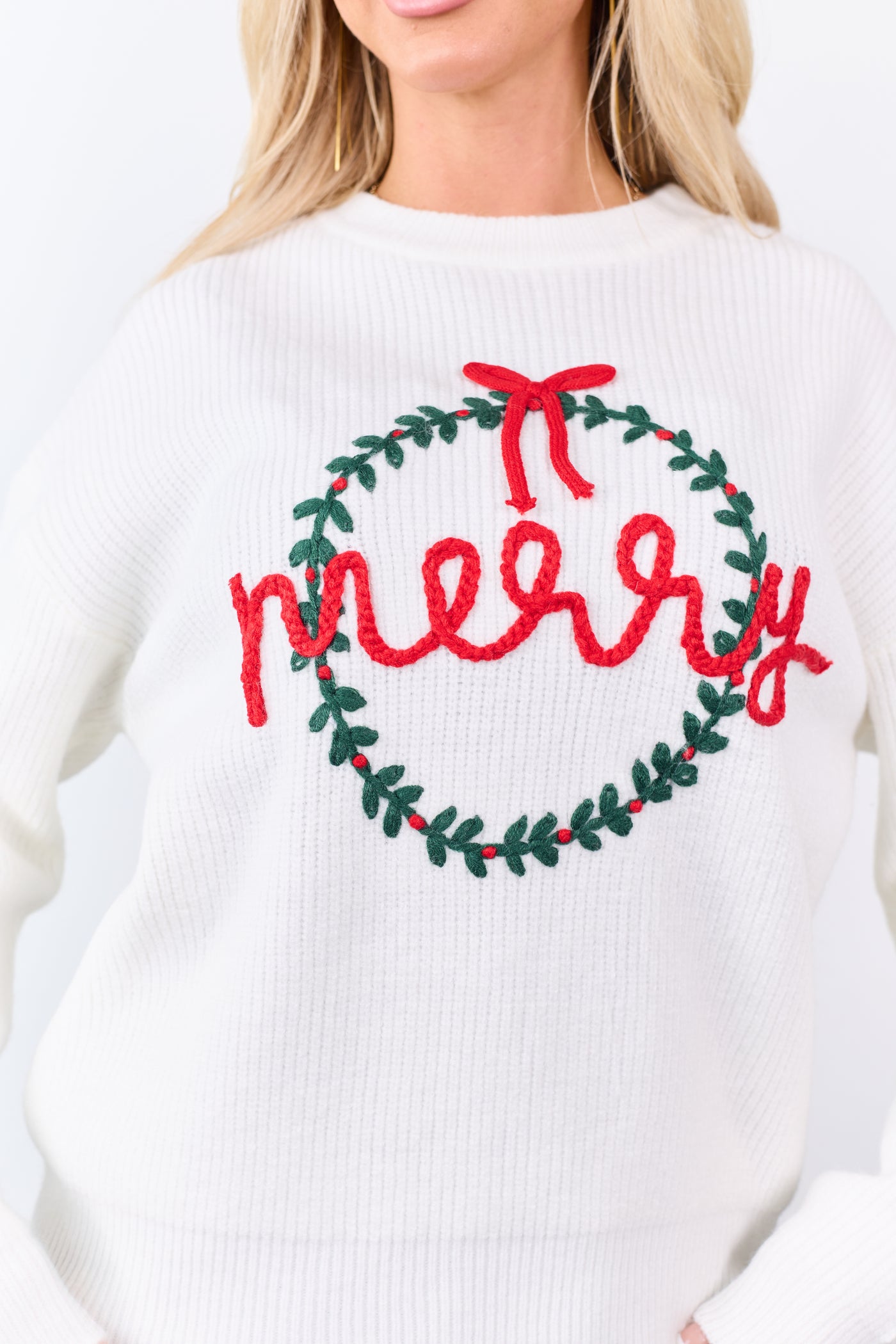 Ivory 'Merry' Wreath Yarn Embroidered Knit Sweater