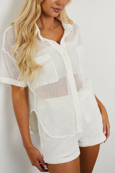 Ivory Mesh Button Up Top and Shorts Set
