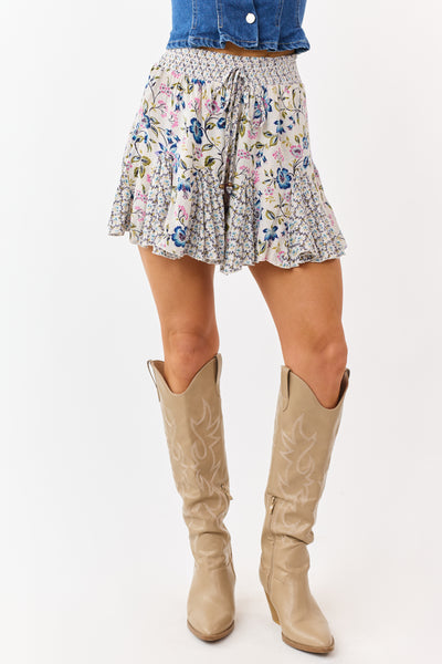 Ivory Mixed Floral Godet Smocked Waist Flowy Shorts