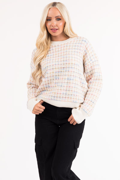 Ivory Multicolored Long Sleeve Knit Sweater