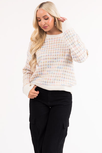 Ivory Multicolored Long Sleeve Knit Sweater