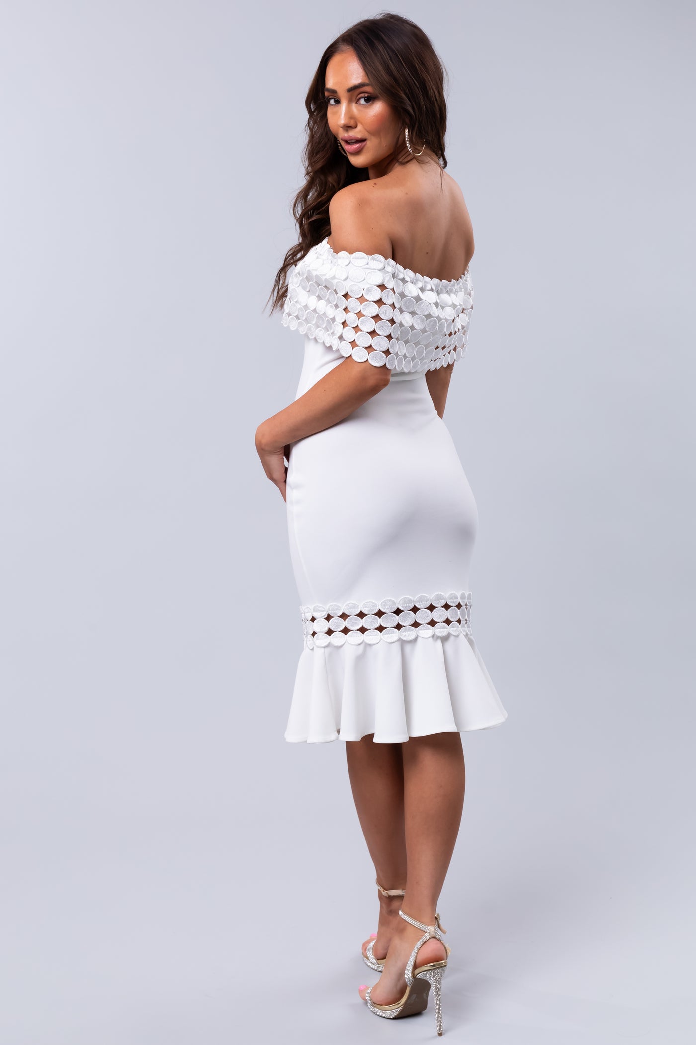 Ivory Off Shoulder Circle Crochet Midi Dress