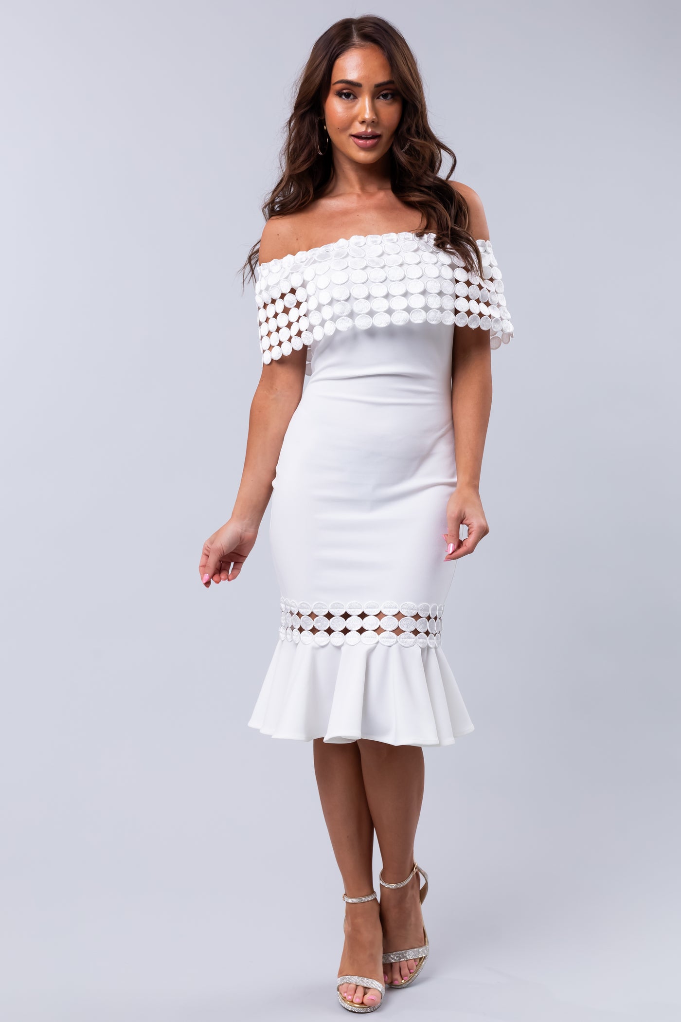 Ivory Off Shoulder Circle Crochet Midi Dress