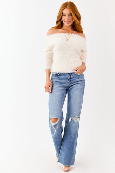 Ivory Off Shoulder Eyelash Knit Relaxed Sweater