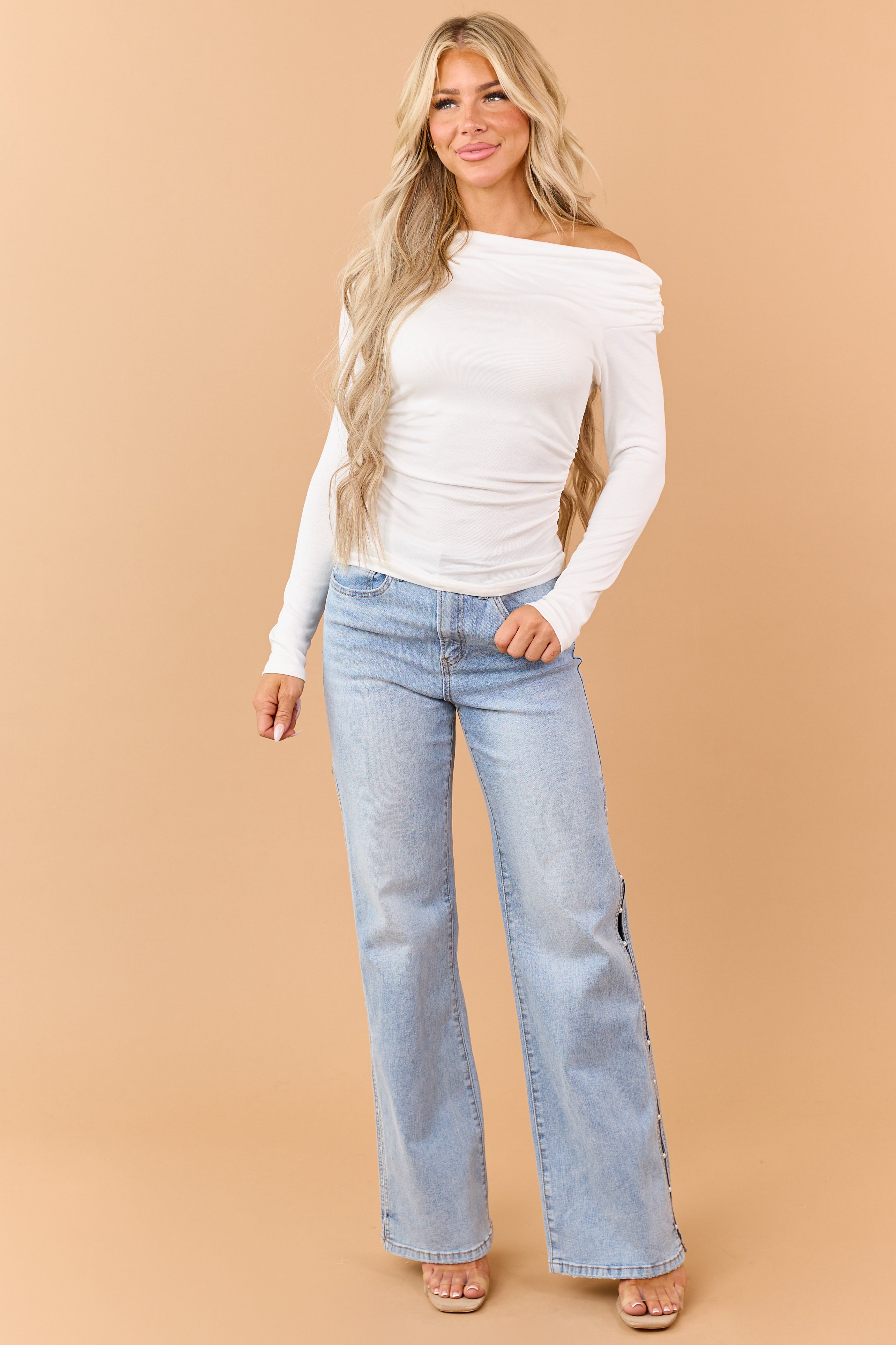 Ivory One Shoulder Ruched Long Sleeve Top