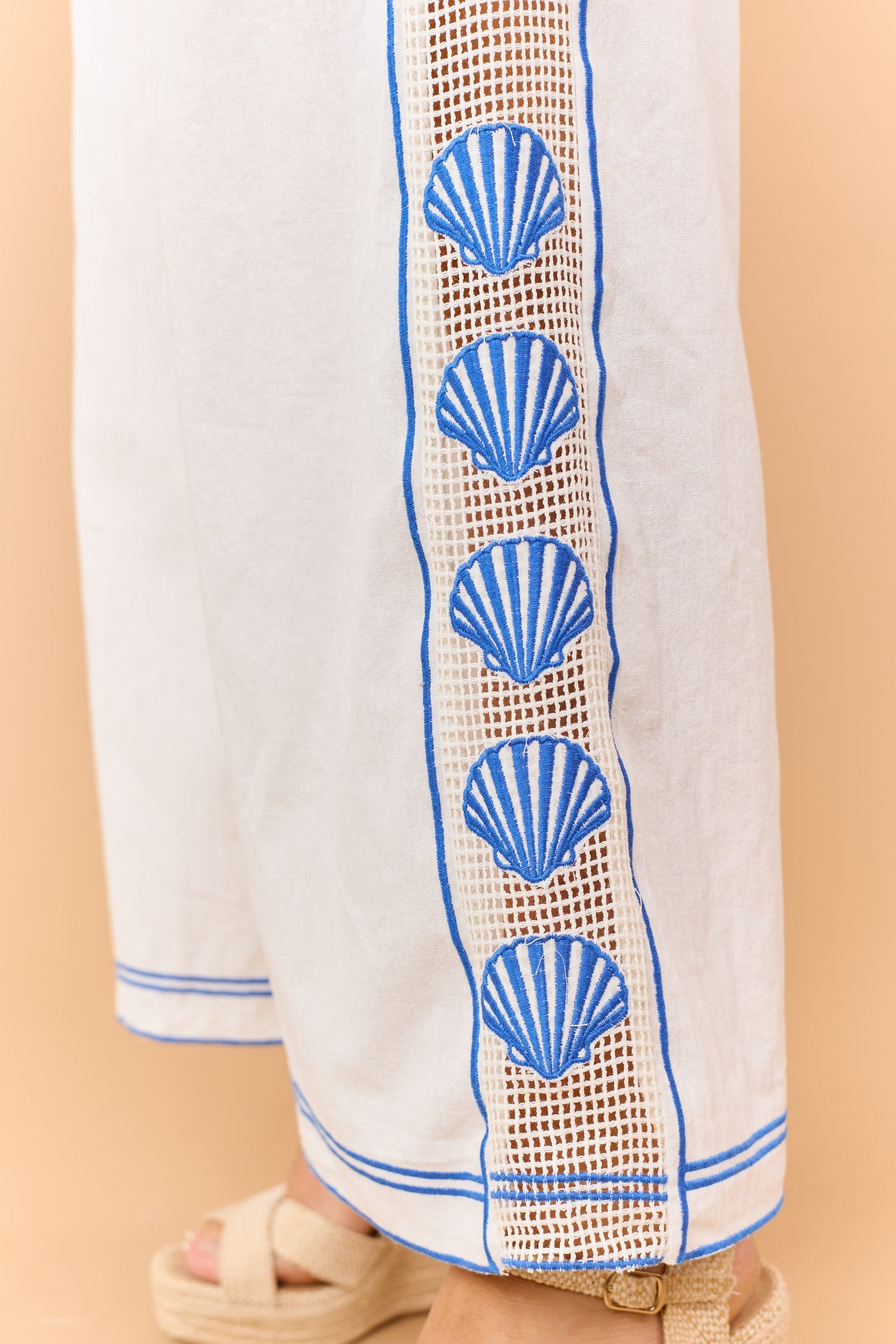 Ivory Open Knit Side Embroidered Shell Cotton Pants