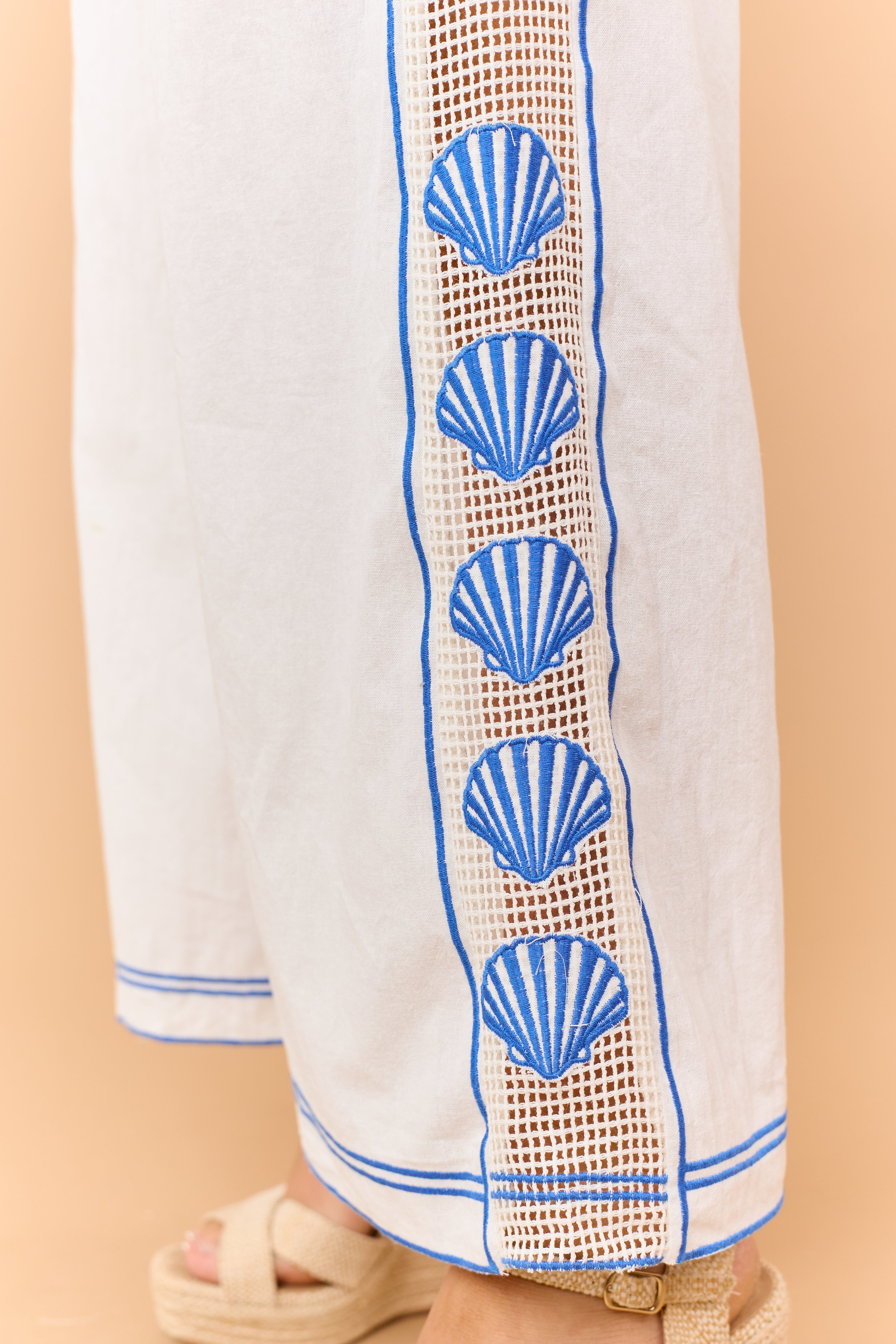 Ivory Open Knit Side Embroidered Shell Cotton Pants